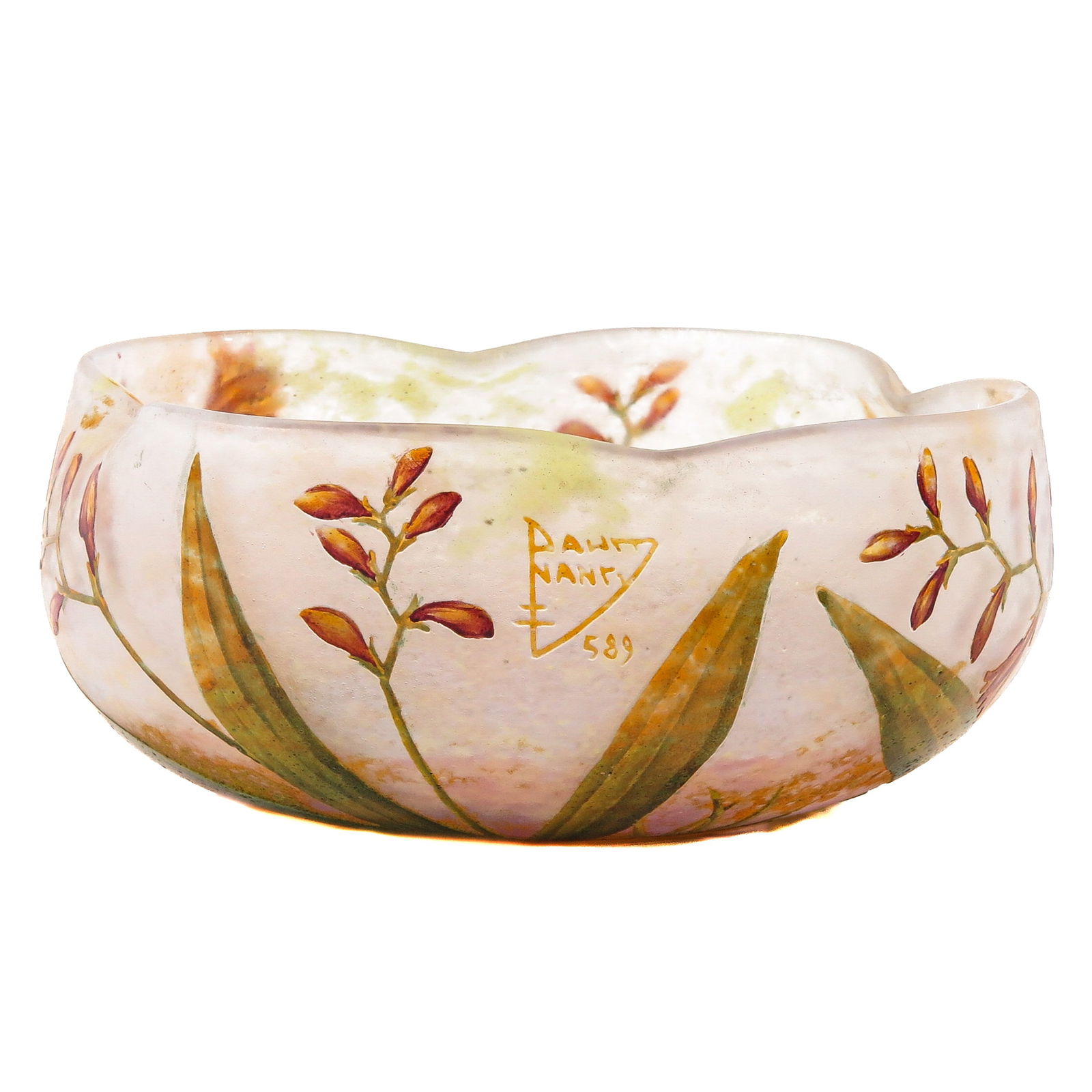 A Cameo Glass Bowl Signed Daum Nancy: Signed Daum Nancy, cameo glass with etched and enameled floral decoration, diameter 15 cm.