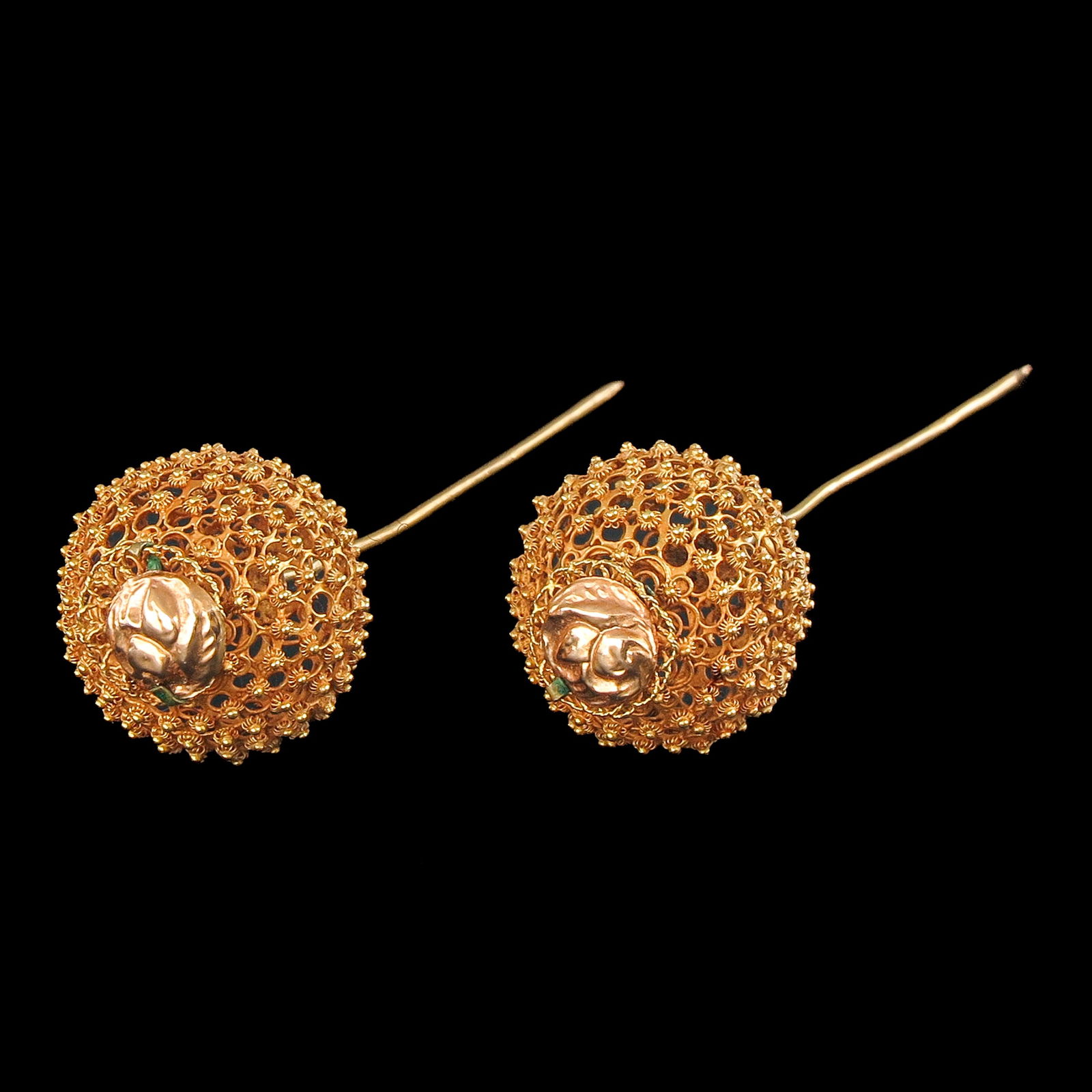 A Pair of 14KG Hat Pins: 14K gold pins, 85 mm long, 20 mm diameter.