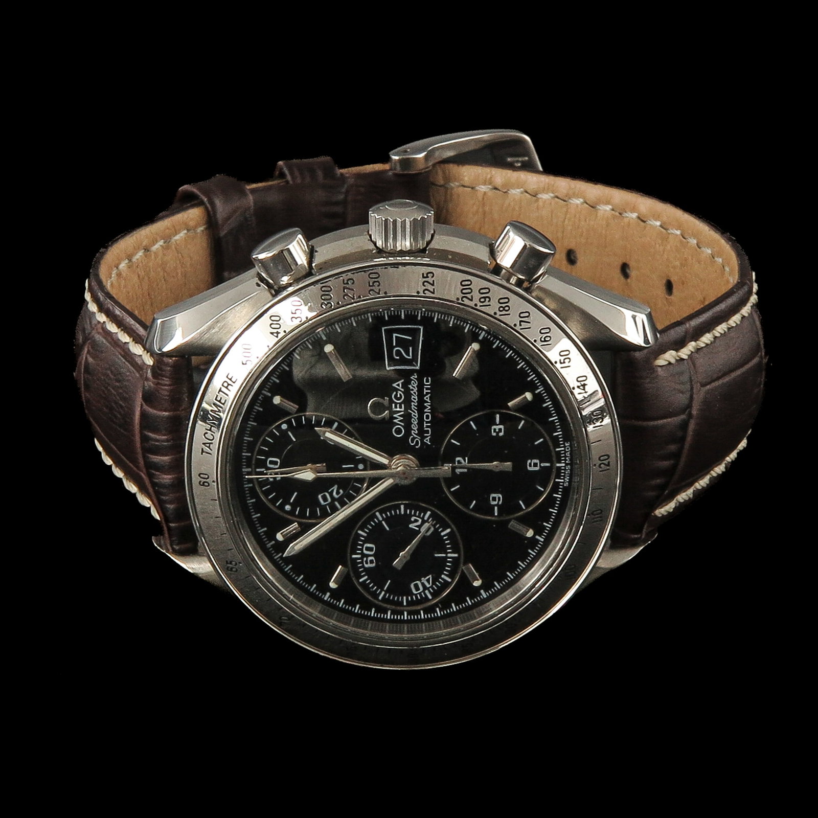 Herenhorloge: Omega Speedmaster, chronograph, steel case on a brown leather strap, case diameter 39 mm.