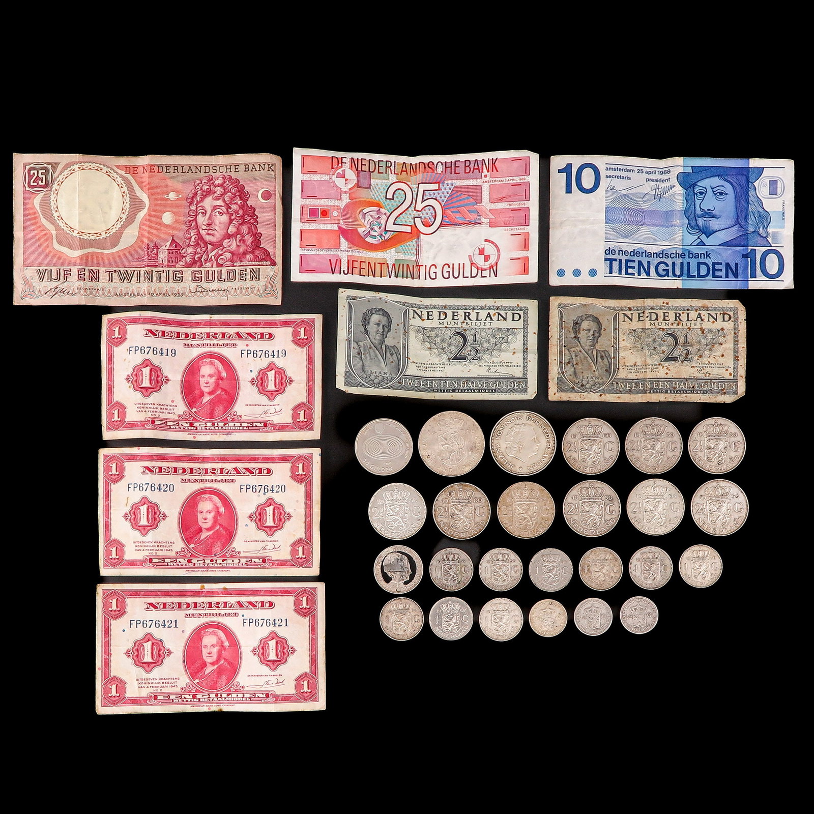 A Collection Bank Notes and Coins: With various banknotes and coins, including Dutch guilders.
