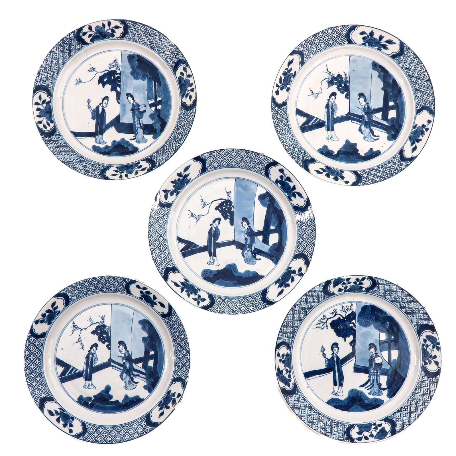 A Group of 5 Blue and White Plates: Depicting Chinese ladies in a garden scene, marked with sacred fungus, 18th Century, 21 cm. in diameter, chip