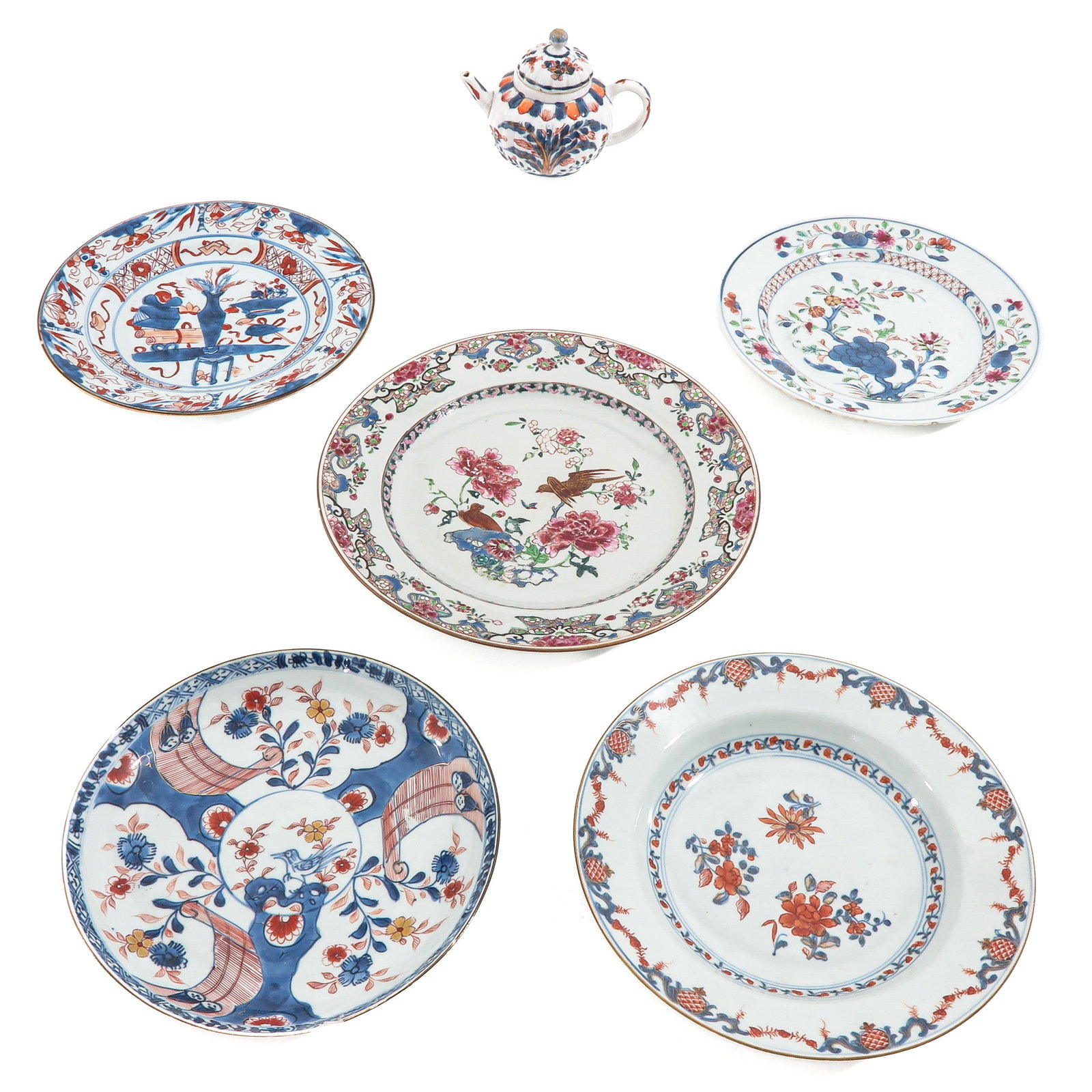 A Diverse Collection of Porcelain: Including 5 plates and a teapot, in a variety of decors, including 18th Century, largest plate is 27 cm. in diameter, in diverse conditions.