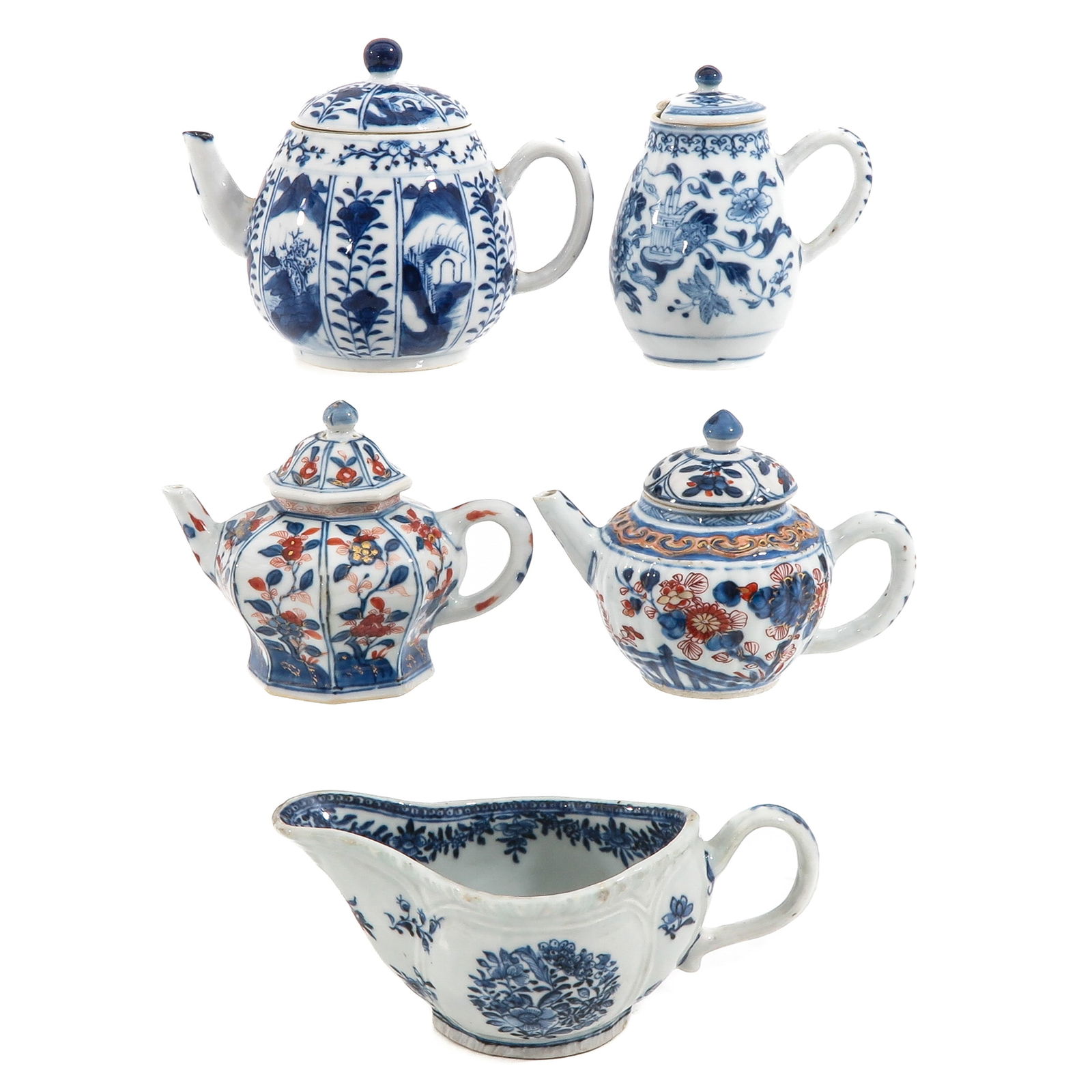 A Diverse Collection of Porcelain: 5 pieces, including 3 teapots, a creamer with cover and a gravy boat, including 18th Century, tallest teapot is 12 cm.
