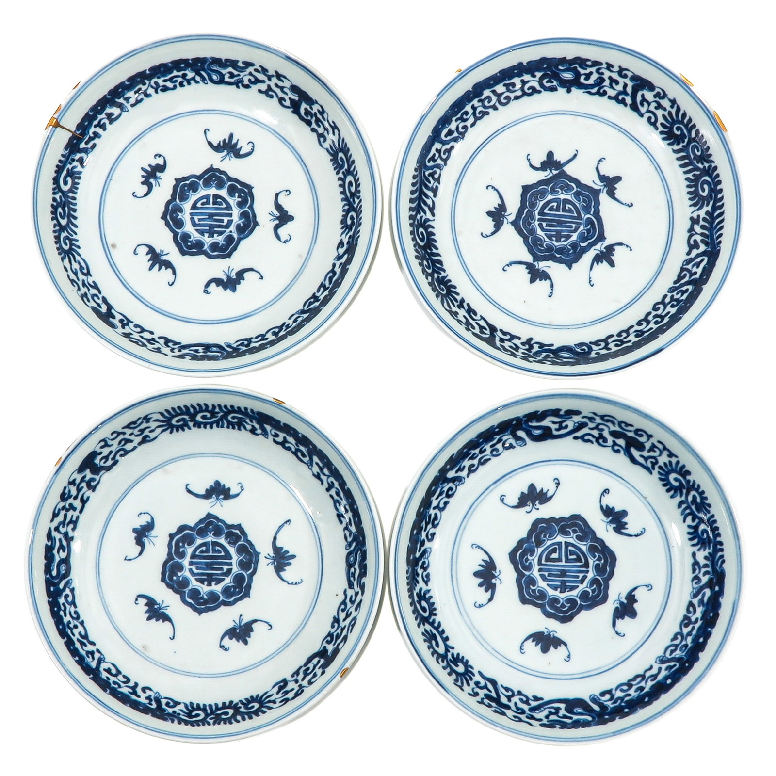 A Series of 4 Blue and White Plates: Decorated with longevity symbol and bats, 20 cm. in diameter.
