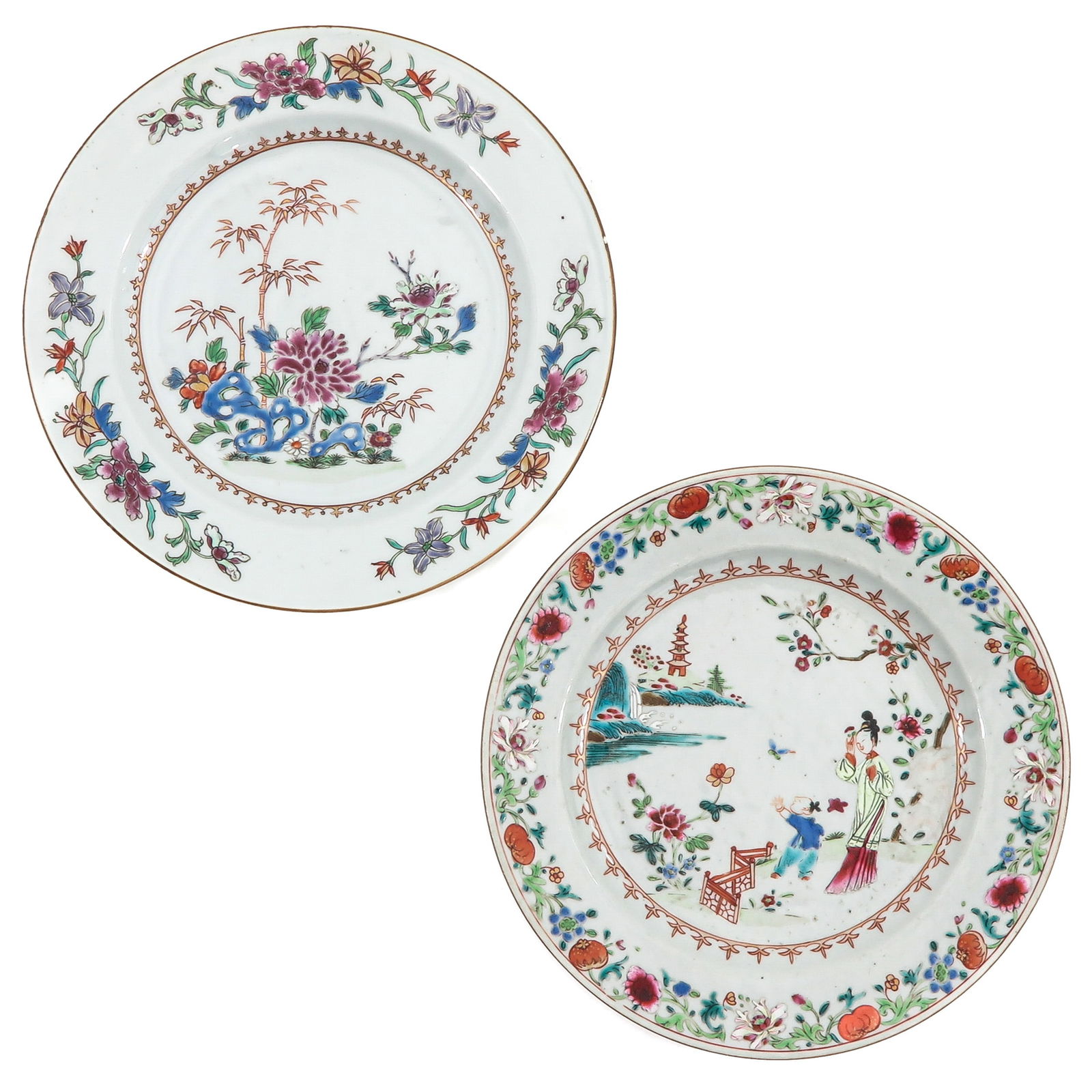 A Pair of Famille Rose Plates: Decorated with flowers, bamboo and rocks, 18th Century, 23 cm. in diameter.