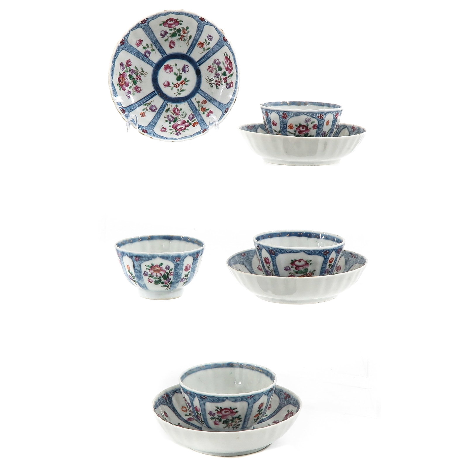 A Series of 4 Famille Rose Cups & Saucers: Floral decor, 18th Century, saucers are 12 cm. in diameter, chip and hairline.