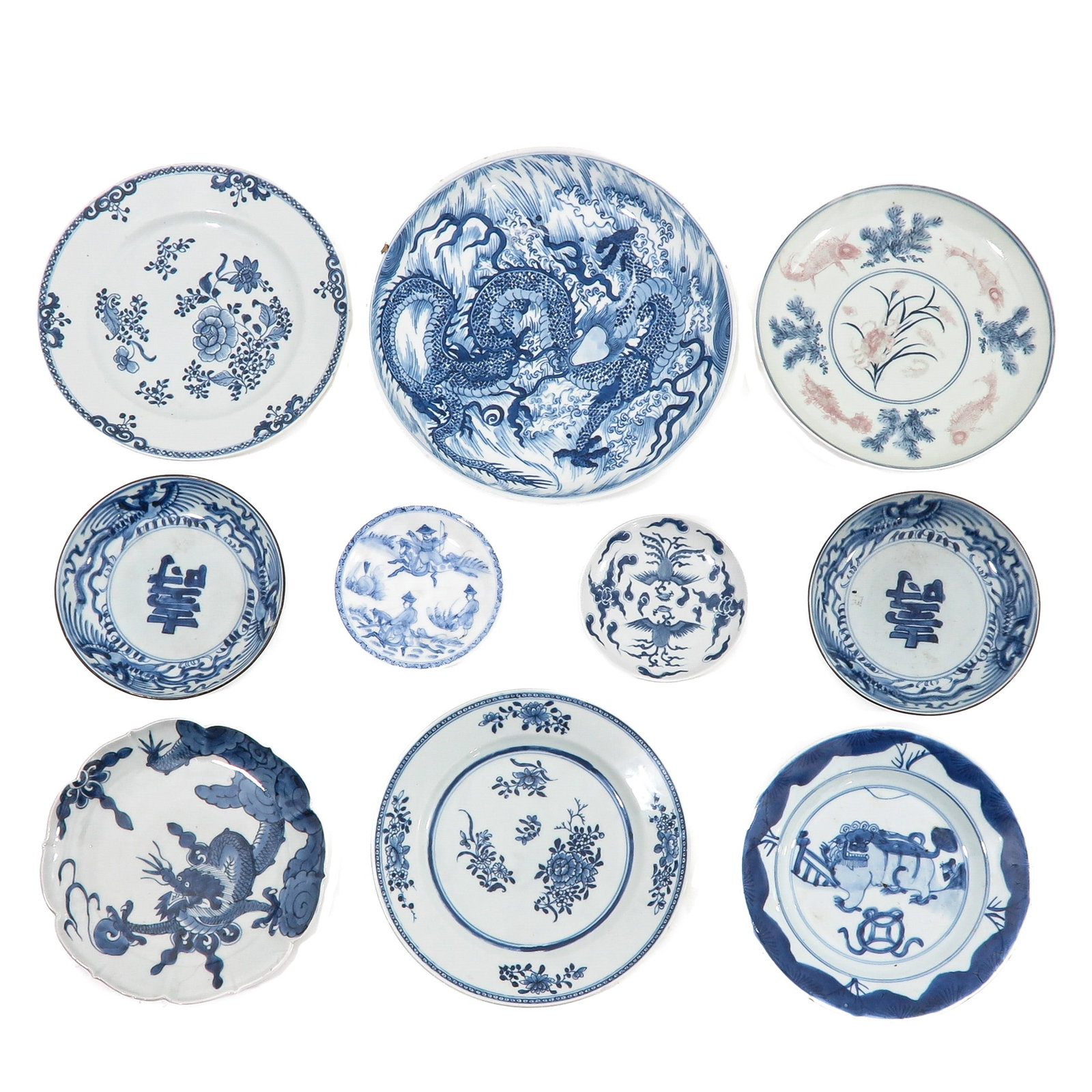 A Group of 10 Plates: In a variety of decors, including 18th Century, largest plate is 29 cm. in diameter, in diverse conditions.