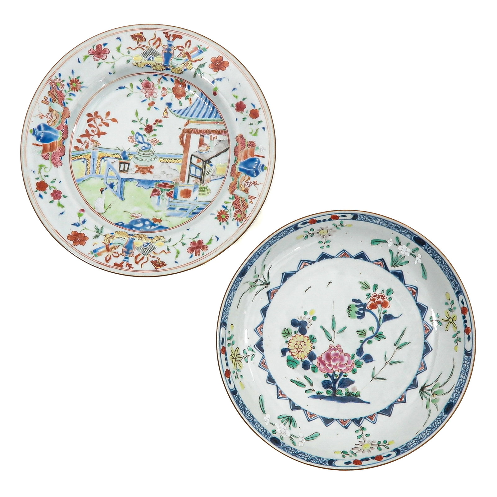 A Lot of 2 Plates: Including floral decor, 18th Century, largest plate is 23 cm. in diameter.