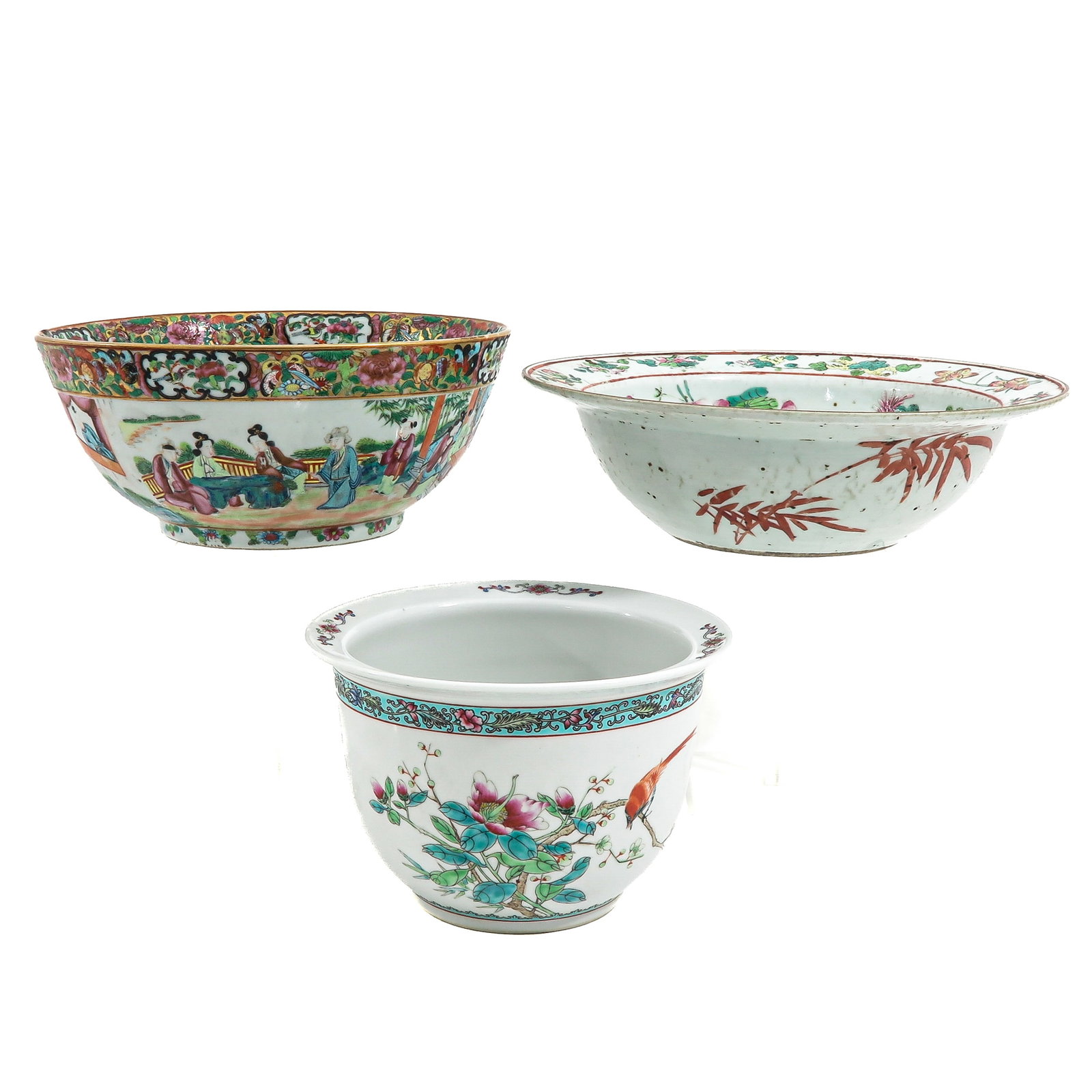 A Group of Porcelain: Including a cache pot, wash basin and serving bowl, wash basin is 30 cm. in diameter, chip and hairline.
