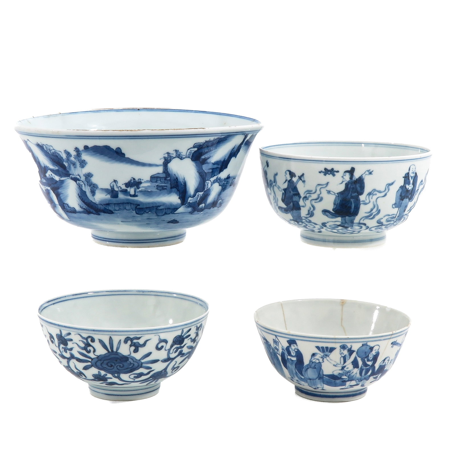 A Group of 4 Blue and White Bowls: In a variety of decors, including 19th / 20th Century, largest bowl is 22 cm. in diameter, in diverse conditions.