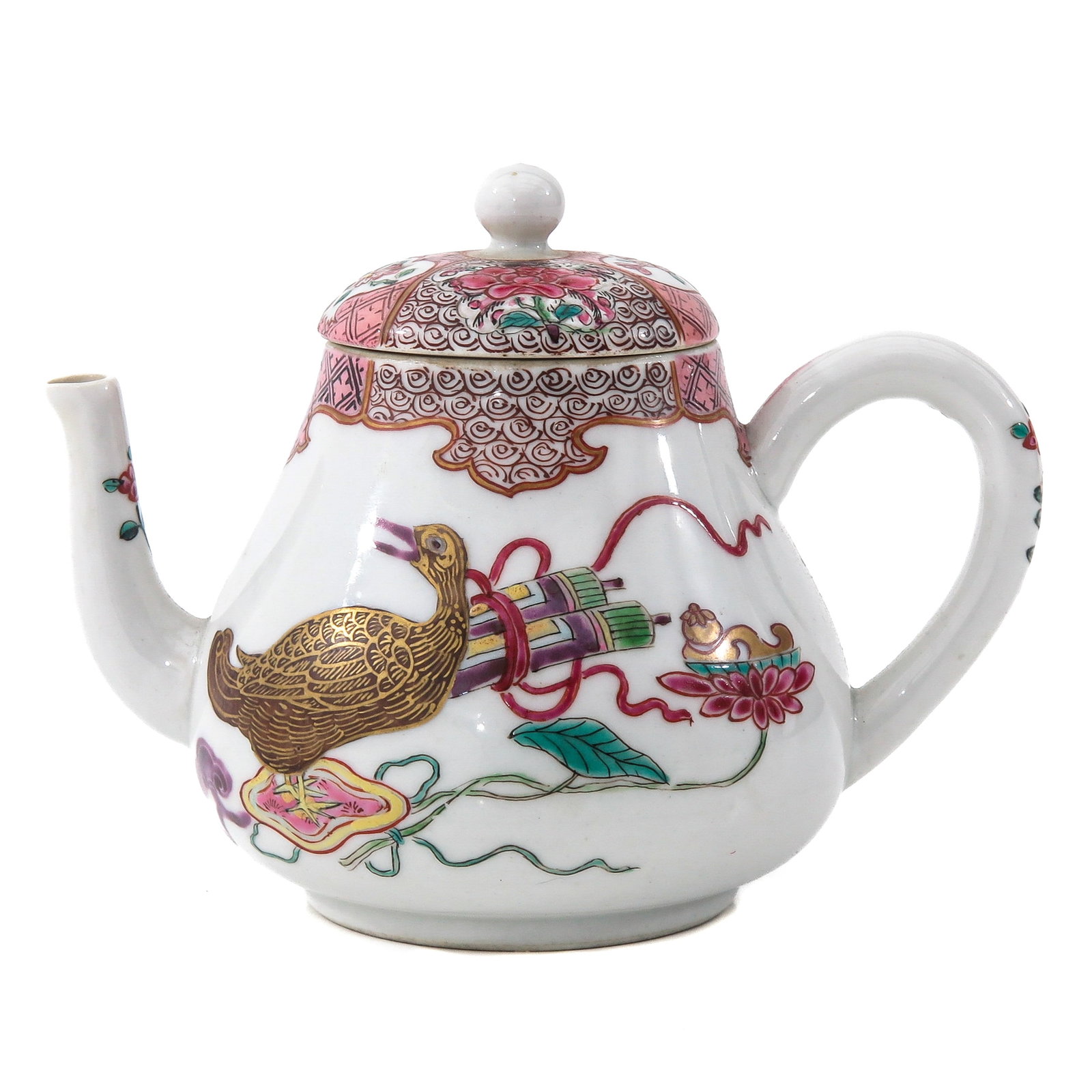 A Famille Rose Teapot: Decorated with flowers and Chinese antiquities, 10 cm. tall.
