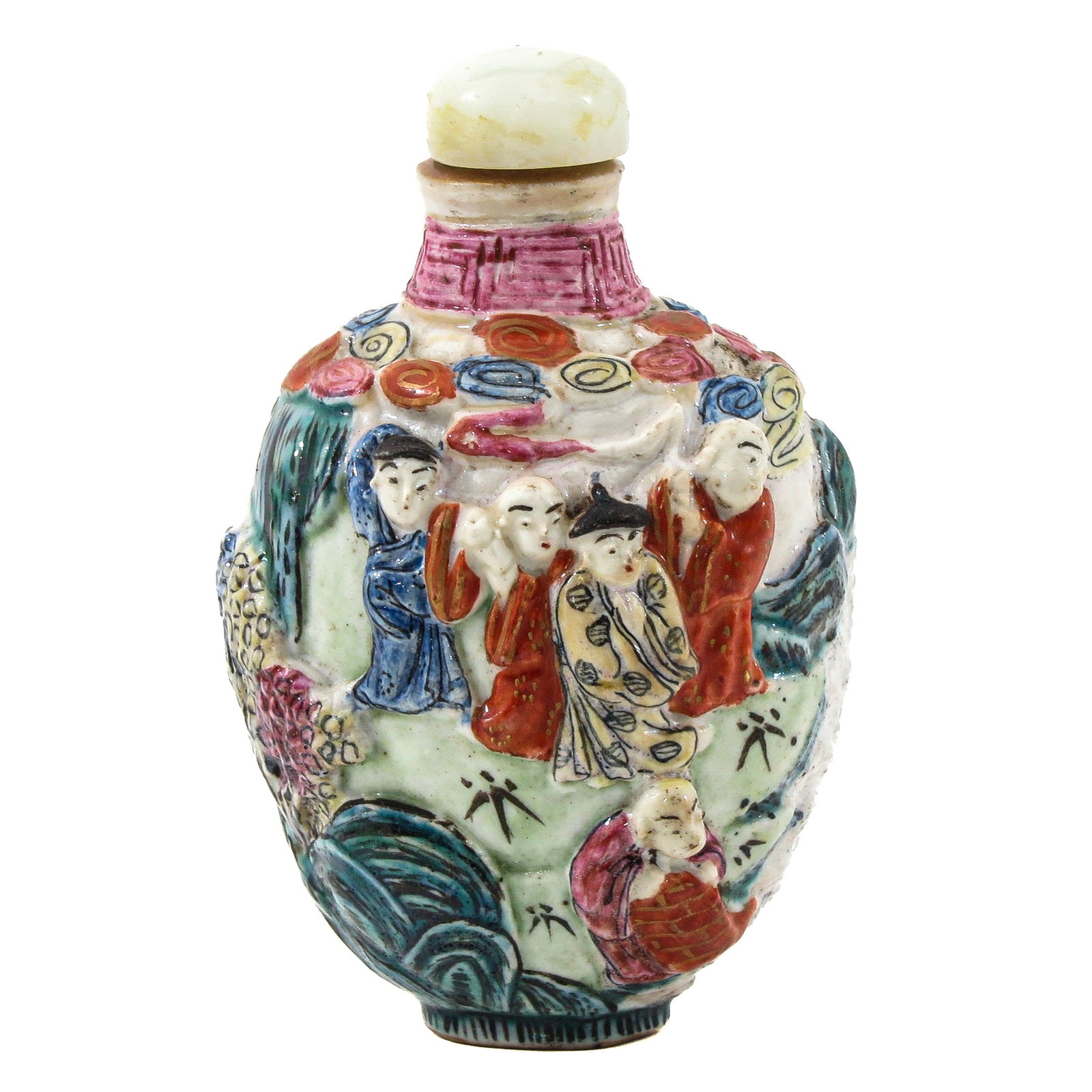 a Famille Rose Snuff Bottle: Decorated with Chinese figures, 8 cm. tall.