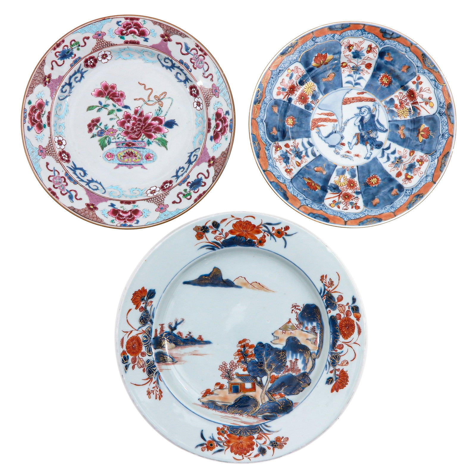 A Group of 3 Plates: In a variety of decors, including 18th Century, largest plate is 26 cm. in diameter, chip and hairline.
