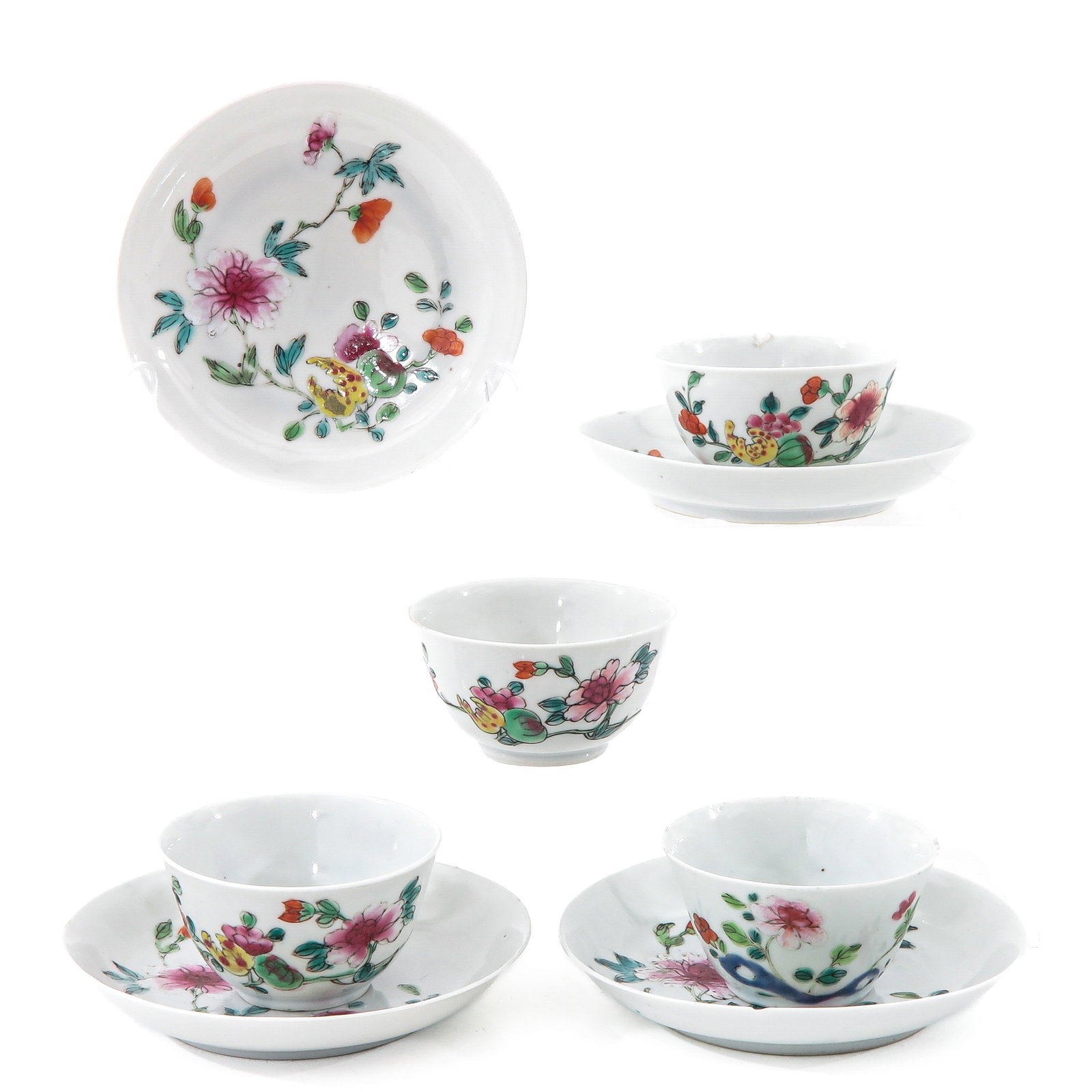 A Set of 4 Famille Rose Cups and Saucers: Floral decor, 18th Century, 12 cm. in diameter, chip and hairline.