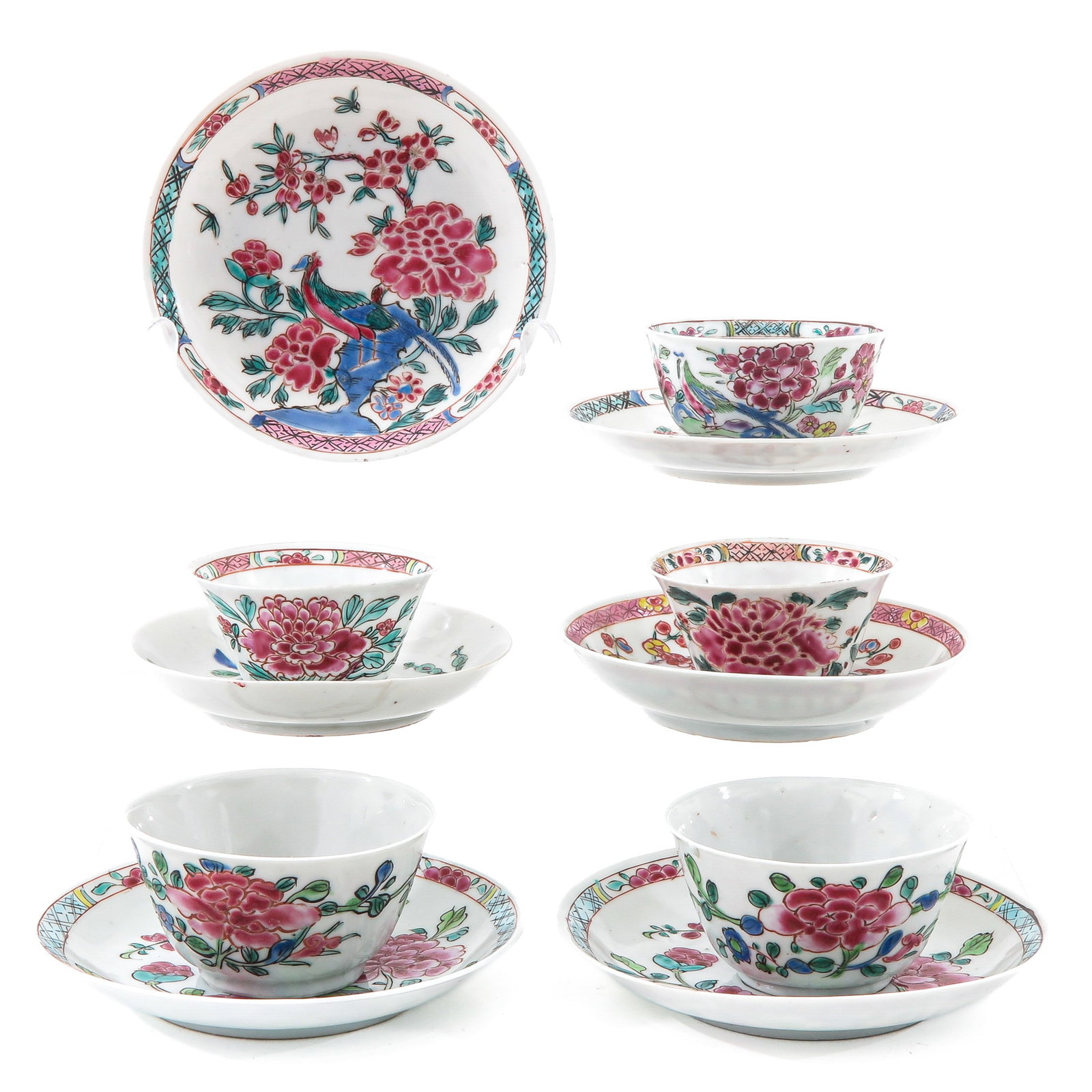 A Group of Famille Rose Cups and Saucers: 11 pieces, including 18th Century, largest plates are 12 cm. in diameter, chip and hairline.