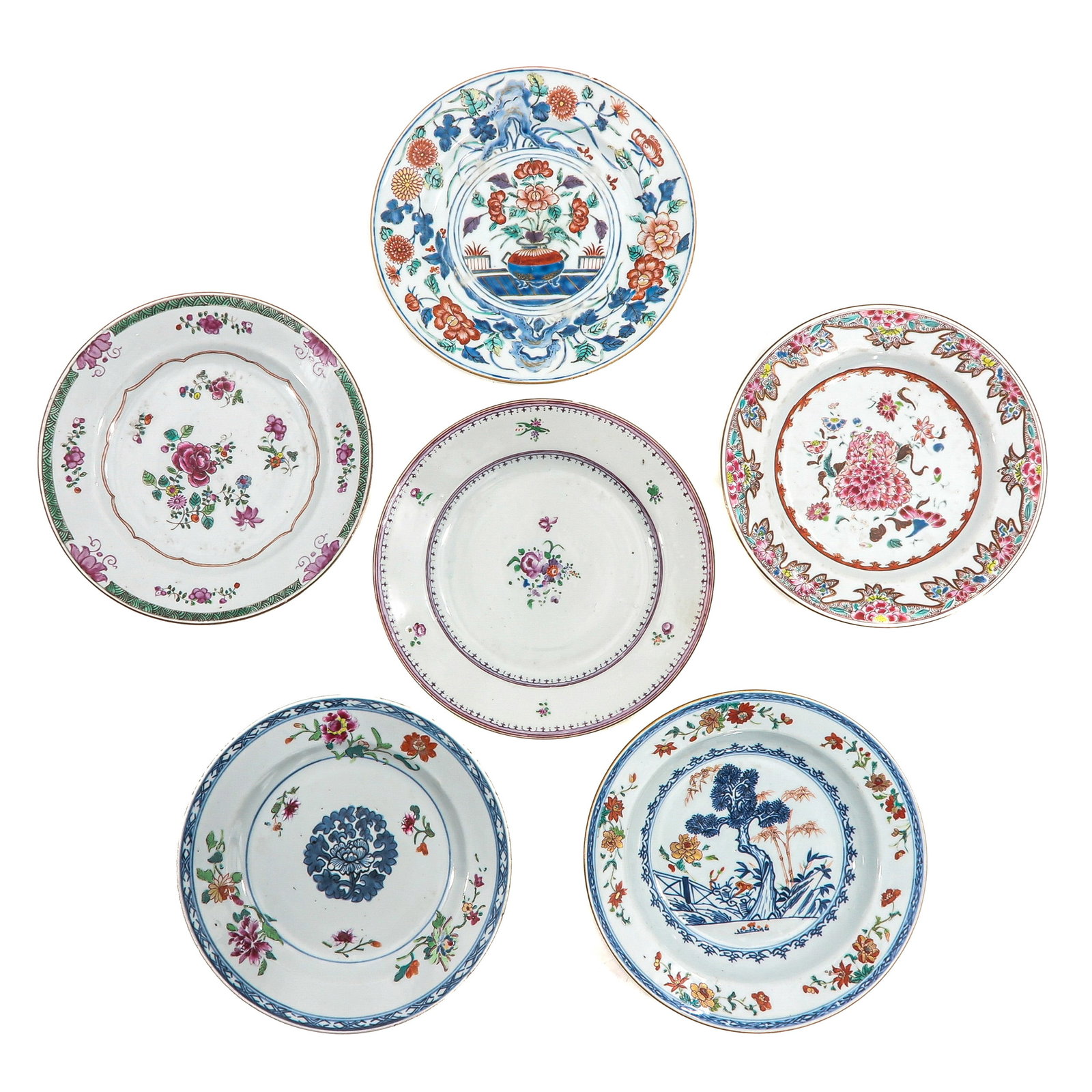 A Group of 6 Plates: In a variety of decors and sizes, including 18th Century, 23 cm. in diameter, in diverse conditions.