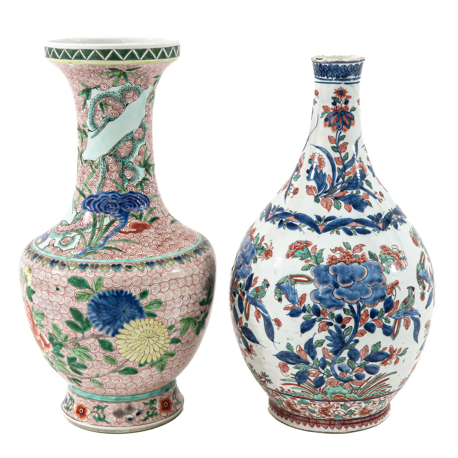 A Lot of 2 Polychrome Vases: Floral decor, including 19th Century, tallest vase is 48 cm., in diverse conditions.