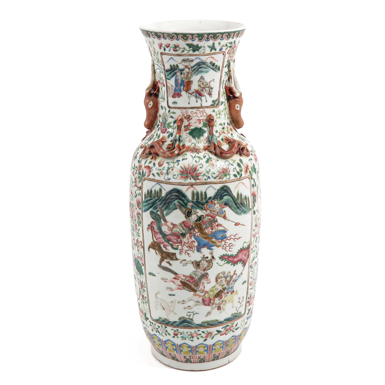 A Cantonese Vase: Landscape decor with Chinese warriors, 19th Century, 62 cm. tall.
