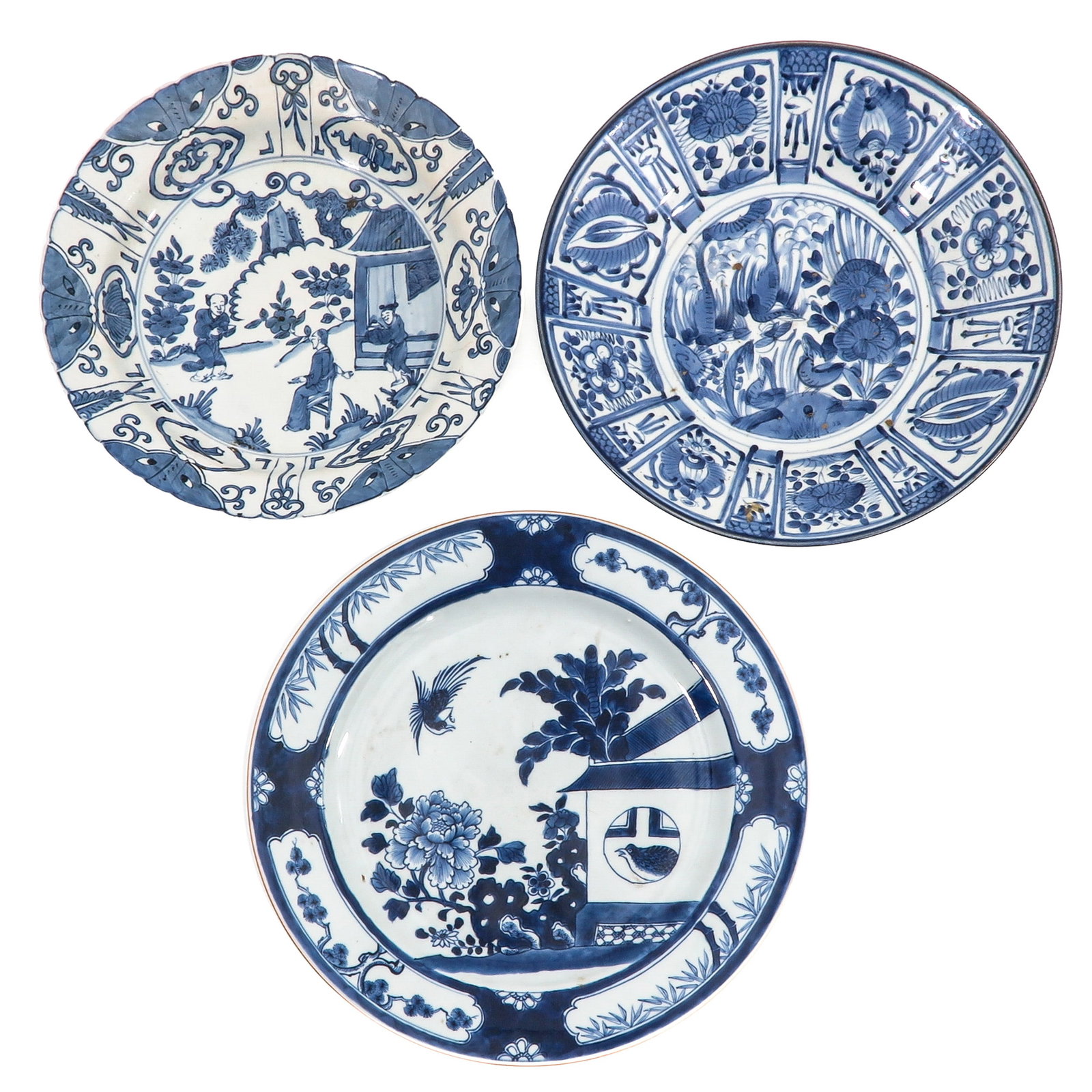 A Group of 3 Plates: In a variety of blue and white decors and sizes, including 18th Century, chip and hairline.