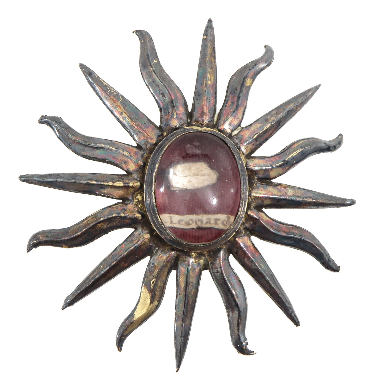 A Relic Holder: Shaped like a sunburst, it holds a relic of Saint Leonard, diameter 10 cm.