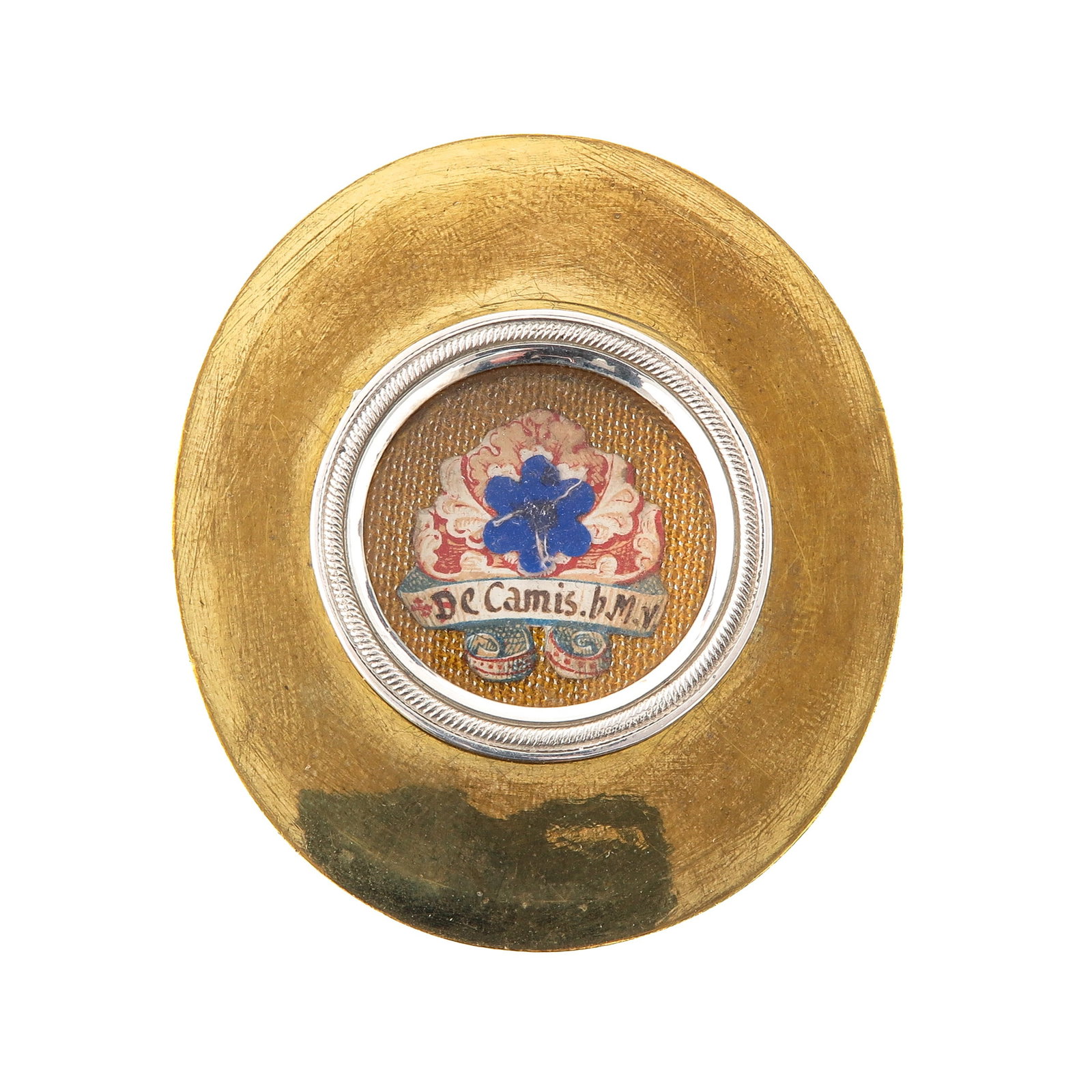 A Sealed Theca: Containing a relic of the robe of the Virgin Mary, diameter 8 cm. You are purchasing the theca; the relics are a gift.