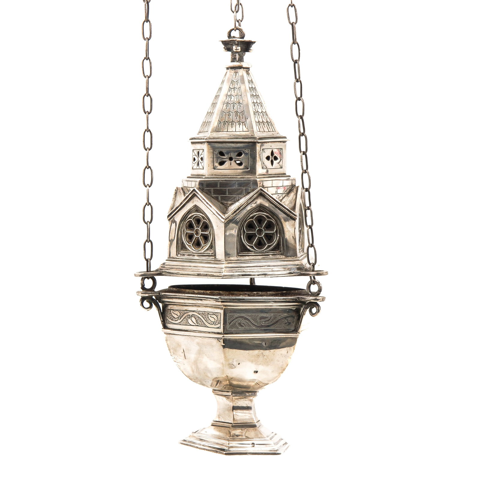 A Silver Thurible: Made of Dutch silver, designed as a Gothic church tower, with chains for hanging, height 29 cm.