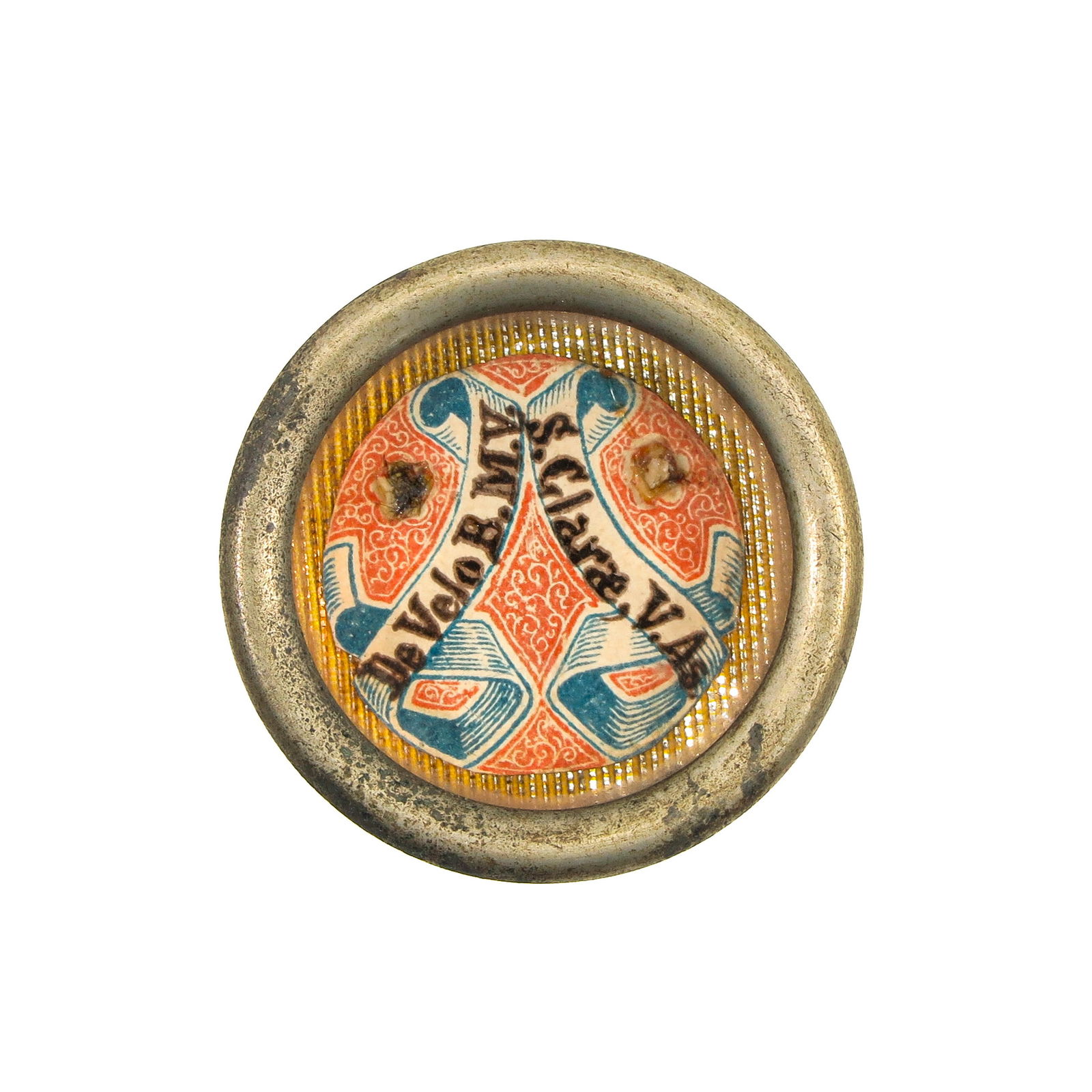 A Sealed Theca: containing relics of the veil of the Virgin Mary and of Saint Clare of Assisi (virgin and abbess, patron saint of television and embroiderers), diameter 4 cm. You are purchasing the theca; the relics