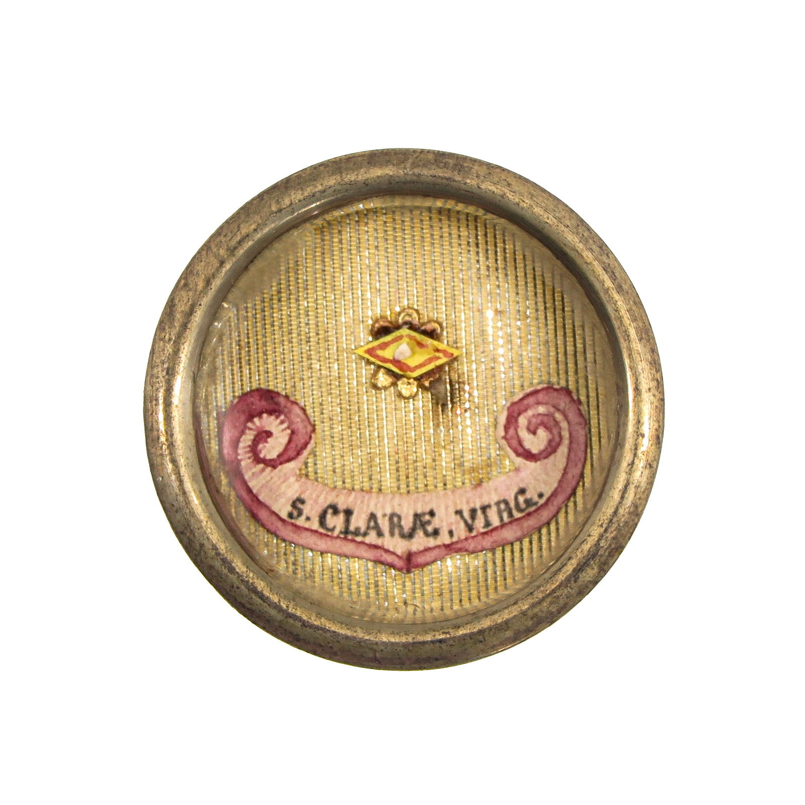 A Sealed Theca: Containing a relic of Saint Clare of Assisi (virgin, patroness of television and embroiderers), diameter 4 cm. You are purchasing the theca; the relics are a gift.