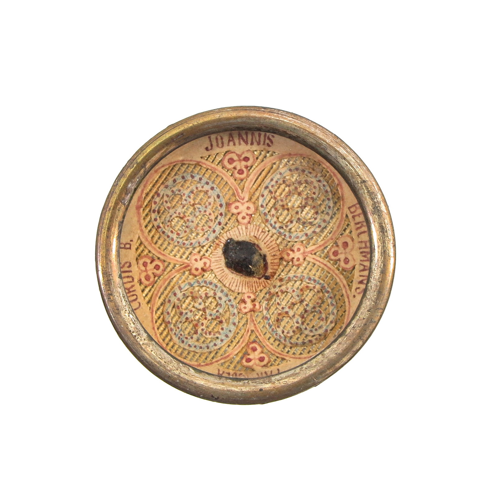 A Sealed Theca: Containing a relic with a fragment of the heart of Saint Jan Berchmans (Jesuit, patron of altar servers and students), diameter 4 cm, You are purchasing the theca; the relics are a gift.