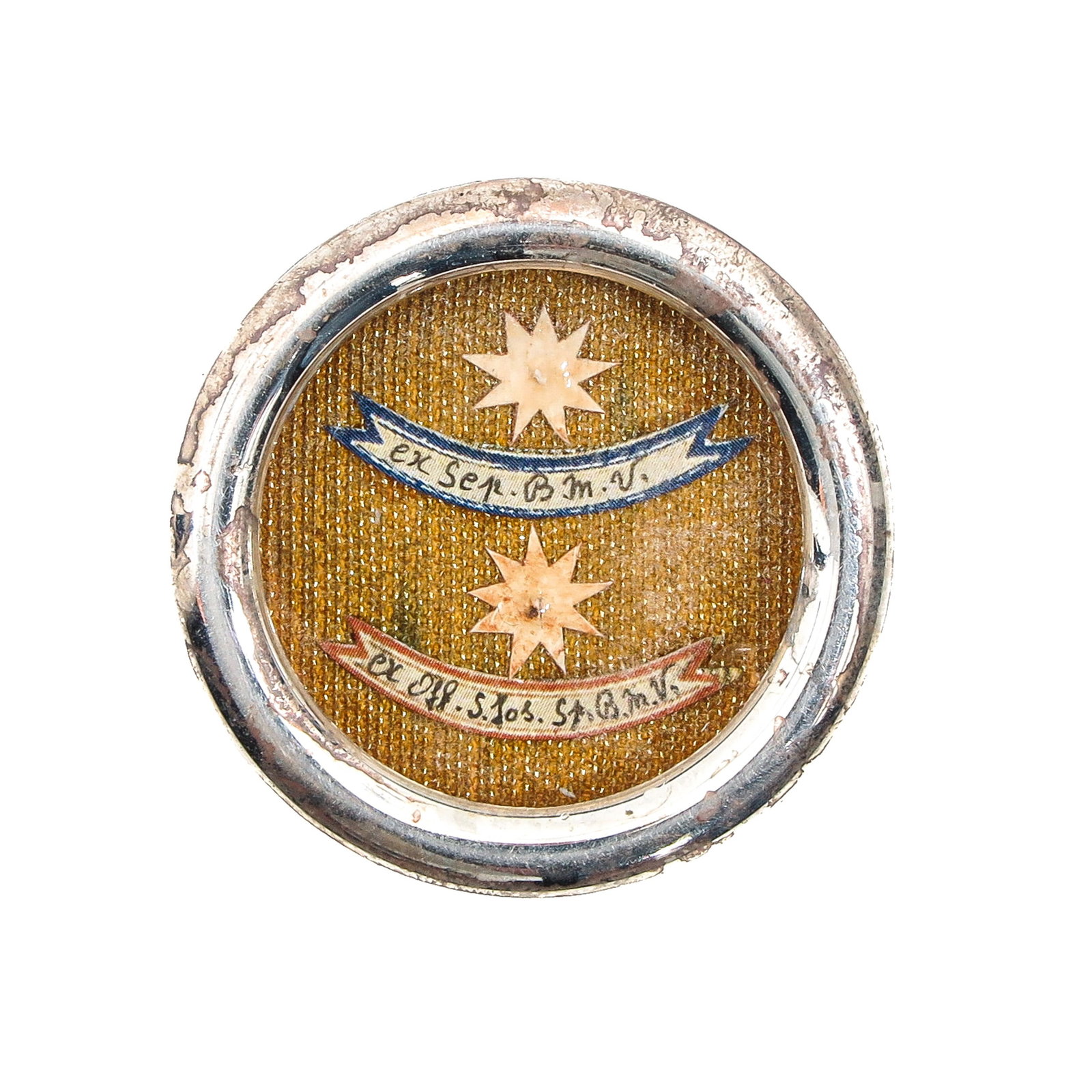 A Sealed Theca: Containing relics from the tomb of the Blessed Virgin Mary and from the home of Saint Joseph, husband of the Blessed Virgin Mary, diameter 4 cm. With certificate. You are purchasing the theca; the rel