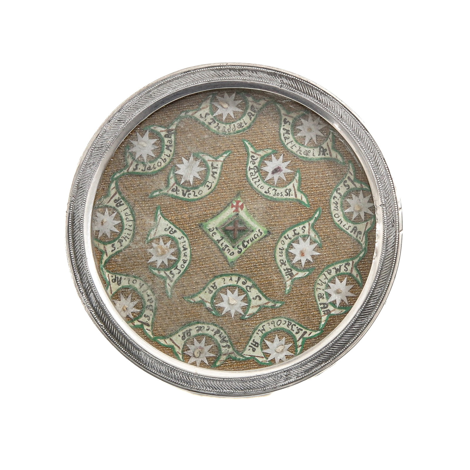 A Kiss Relic: Containing relics of the Twelve Apostles, the Holy Cross, Saint Joseph, and the Virgin Mary, diameter 9 cm. You are purchasing the theca; the relics are a gift.