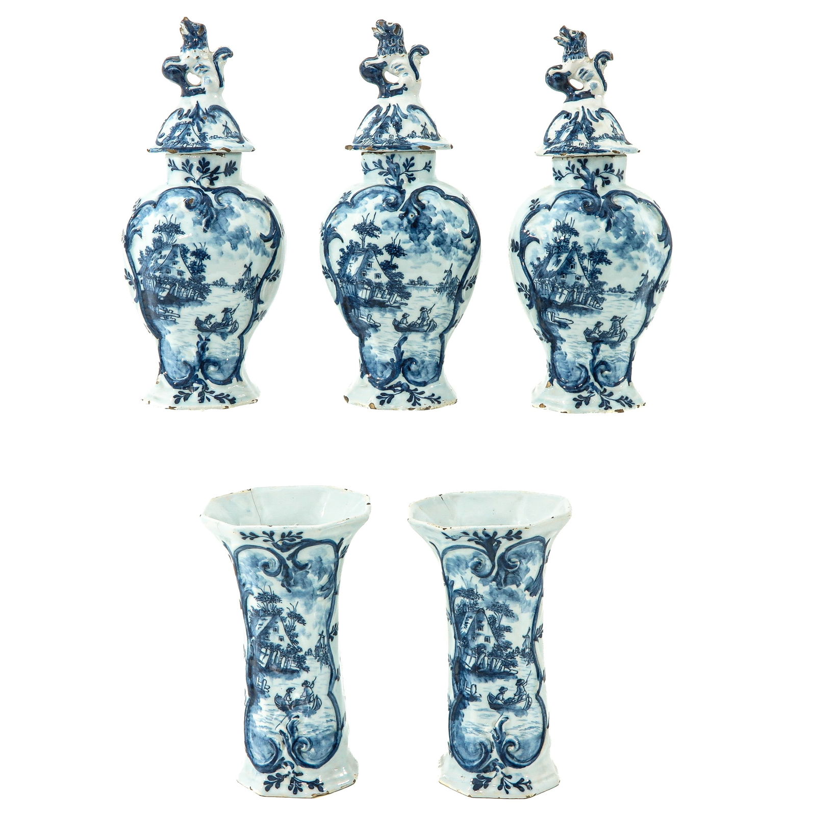 A 5 Piece Garniture Set: 5-part, depicting a landscape, in various conditions, tallest 31 cm.
