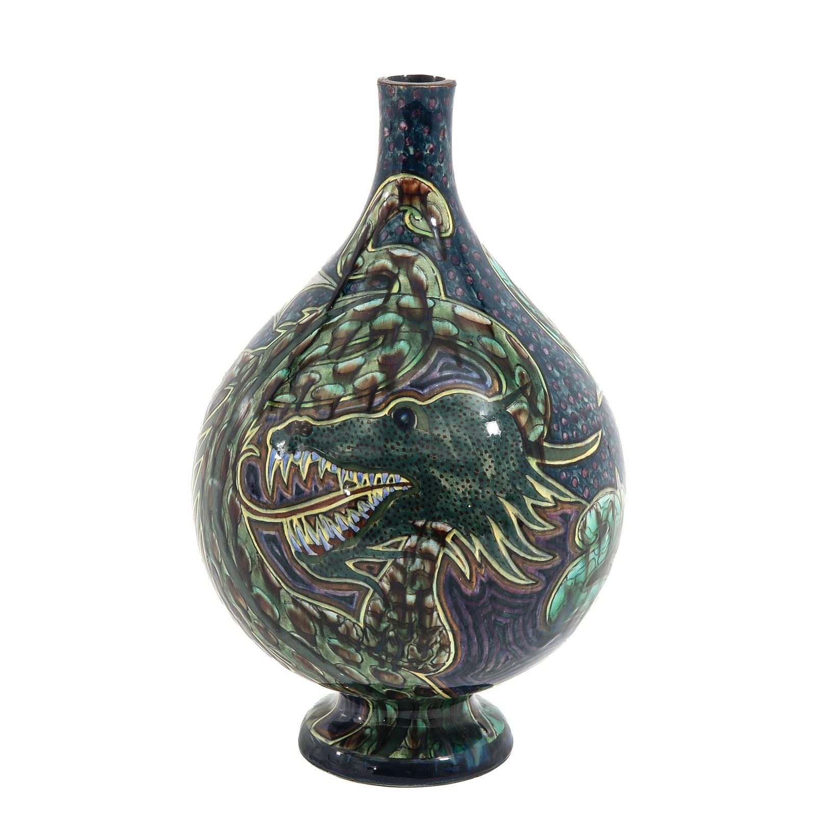 A Rozenburg Vase: Rozenburg, with polychrome decoration depicting a dragon, height 34 cm, the upper edge is lowered.