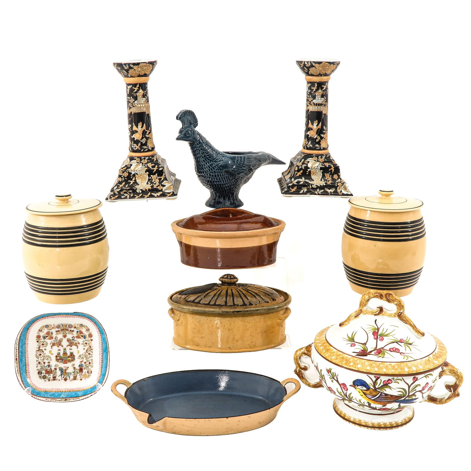 A Diverse Lot: Including cast iron bowl, length 38 cm.