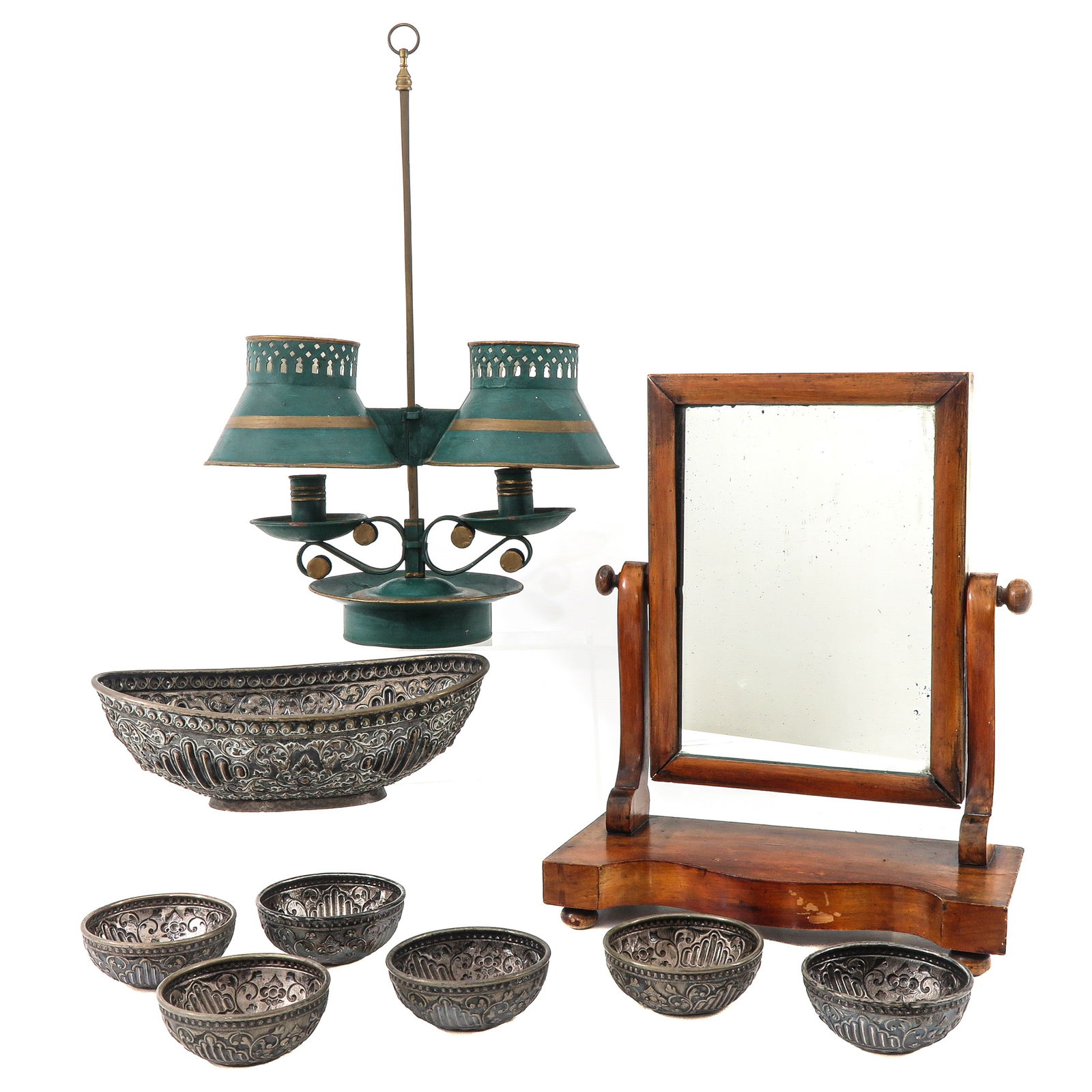 A Diverse Group of Items: Various objects, including a wooden shaving mirror, height 43 cm.