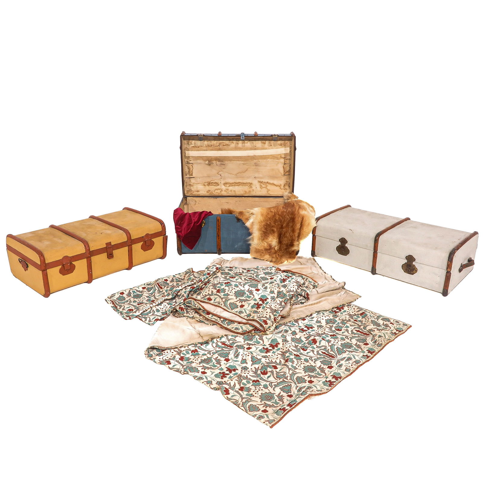 A Diverse Lot: Consisting of 3 vintage suitcases, including textile pieces. The largest suitcase measures 91 x 45 x 54 cm.