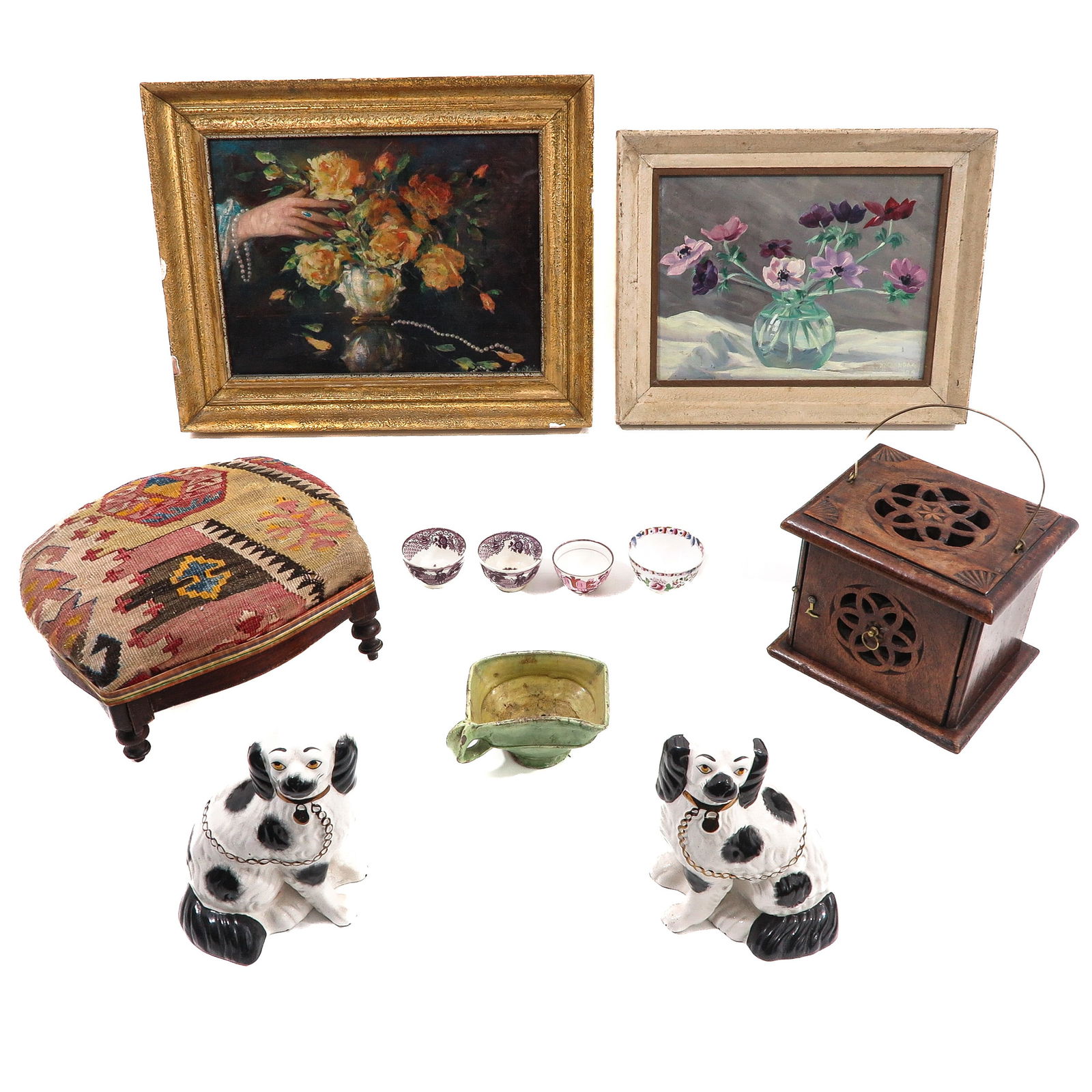 A Group of Decorative Items: Consisting of various decorative objects, including Staffordshire dogs, height 23 cm.