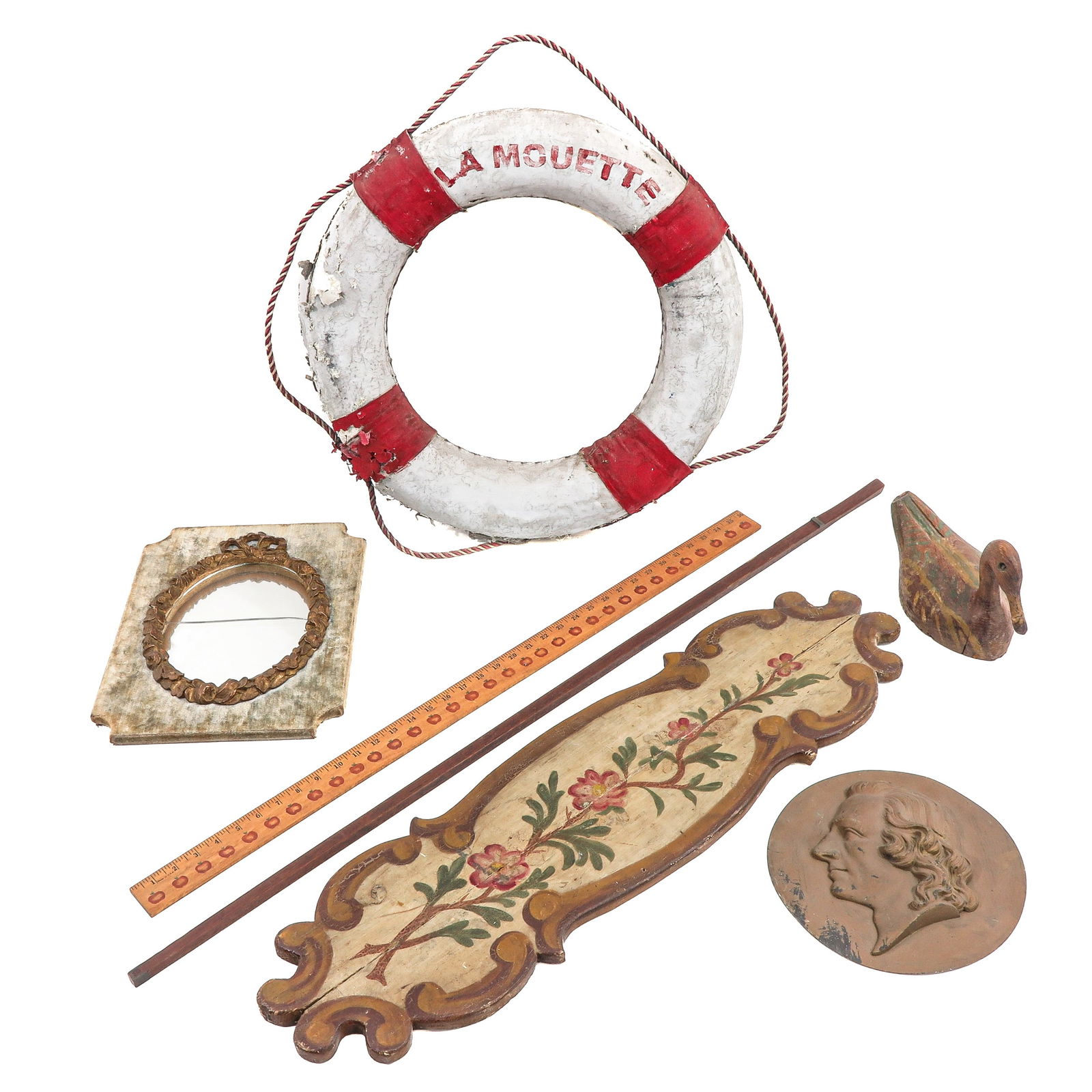 A Group of Decorative Items: With various decorative objects, including a hand-painted wooden panel with floral design, length 90 cm.