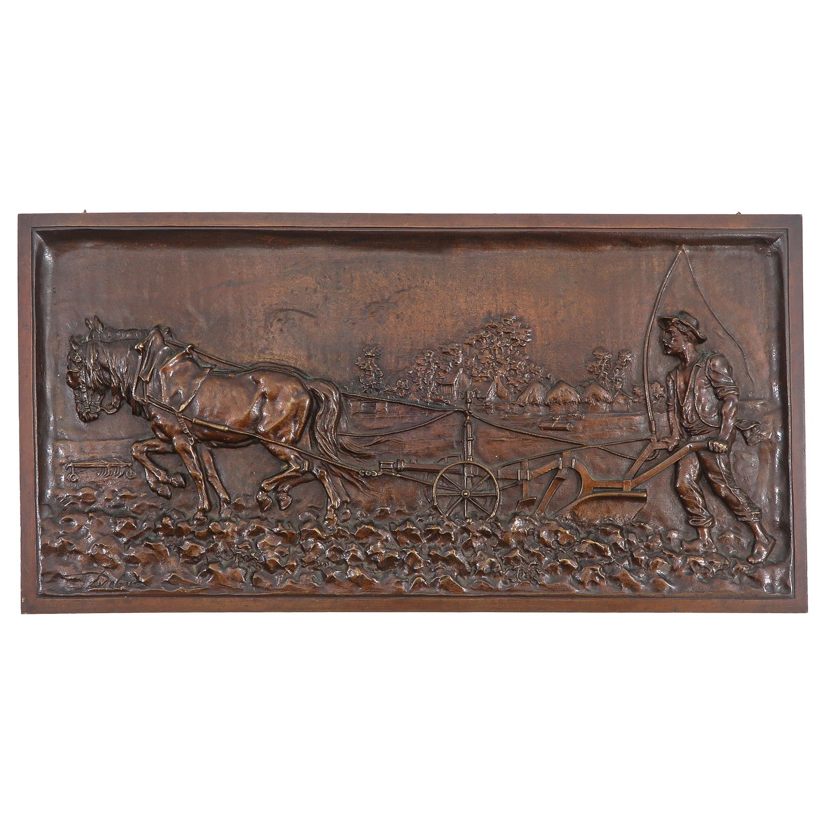 A Bronze Plaque: Bronze, titled "Plowing Farmer with Zeeland Horse," by Marcel Debut (1865-1933), 24 x 47 cm.