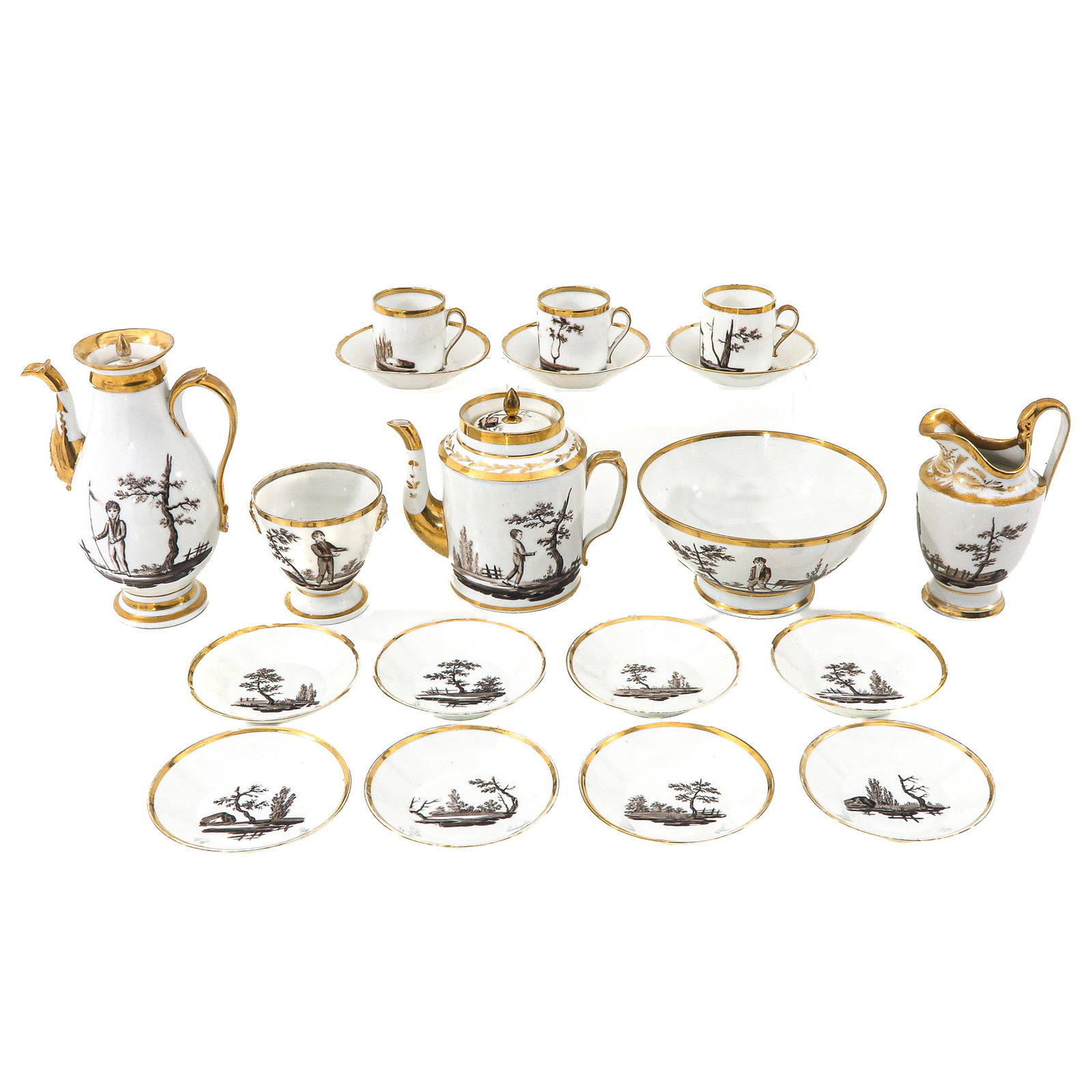 A Coffee Service: Grisaille decor, decorated with landscapes and figures, height 25 cm.