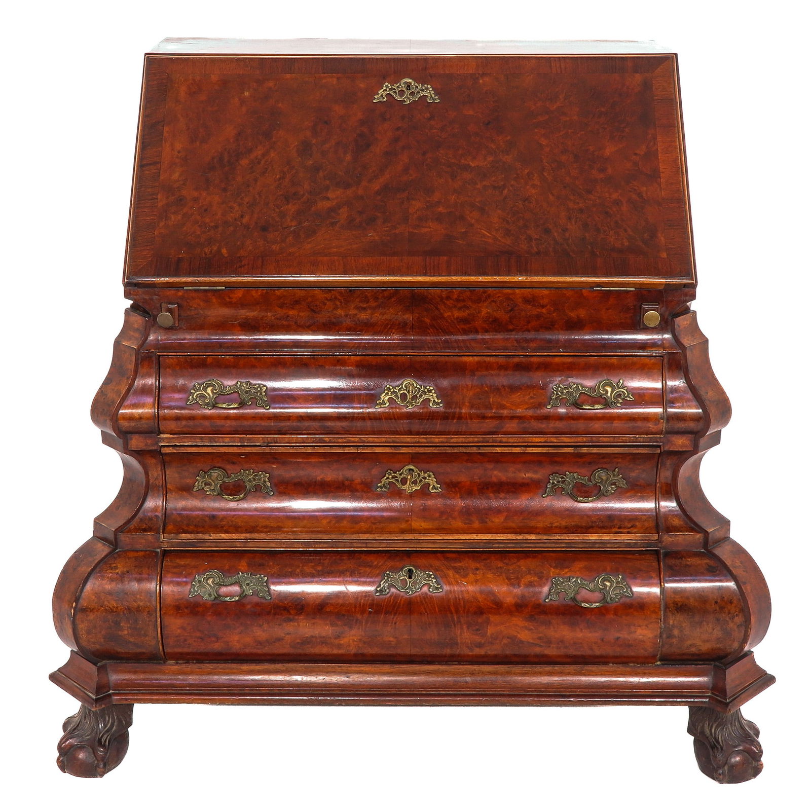 A Drop Down Desk: With 3 drawers, resting on carved claw feet, 116 x 107 x 66 cm.