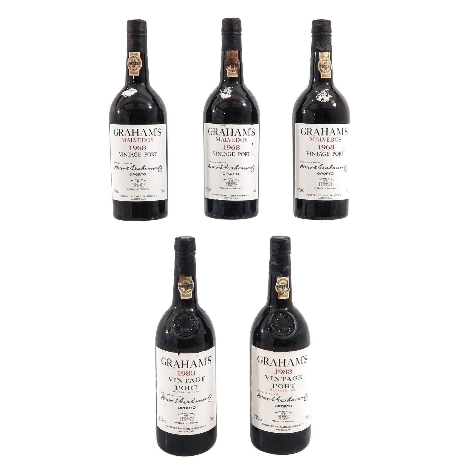 A Lot of 5 Bottles of Port: Of 5 bottles of Graham's Port, consisting of 3 bottles of Malvedos 1968 and 2 bottles of Vintage Port 1983, bottled by W. & J. Graham's Oporto, height 29 cm.