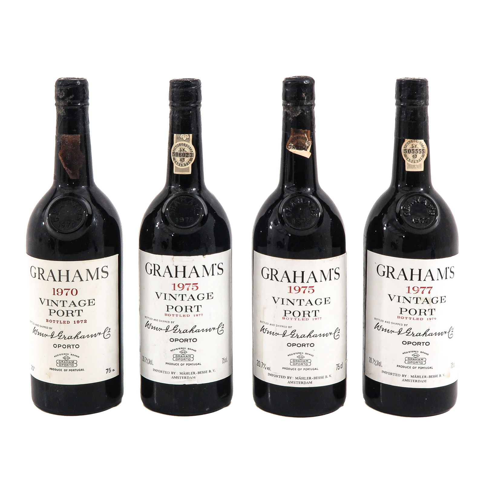 A Lot of 4 Bottles of Port: Four bottles of Graham's Vintage Port, consisting of one 1970 bottle, two 1975 bottles, and one 1977 bottle, height 29 cm.