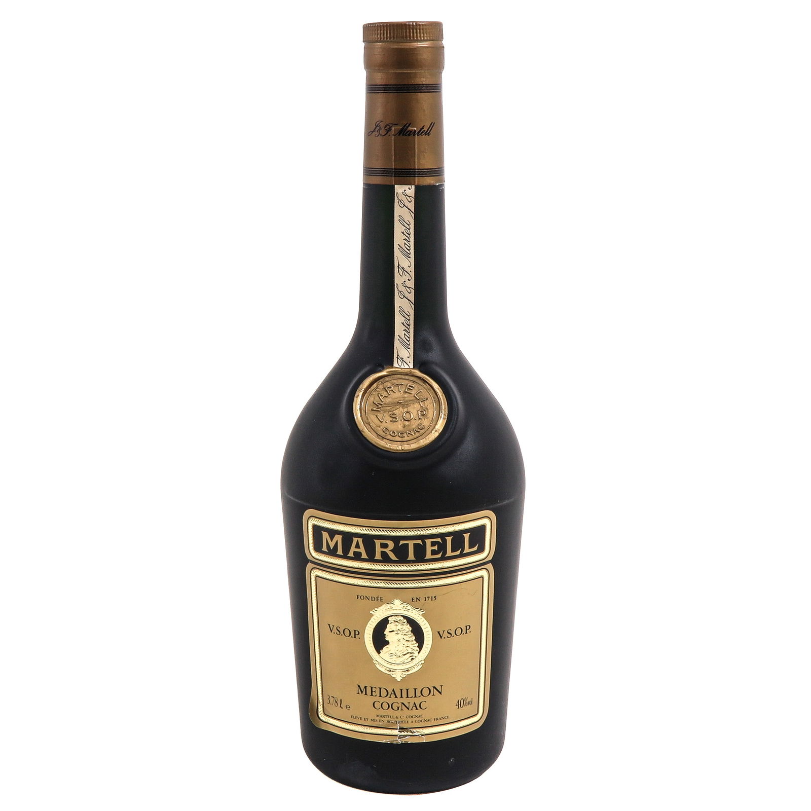 A 3.78 Litre Bottle of Martell Medaillon Cognac: Cognac, Martell Medaillon, V.S.O.P, black bottle with gold-plated labels and medallion seal, 3.78 liters, comes with the book Port by Godfrey Spence, height 49 cm.