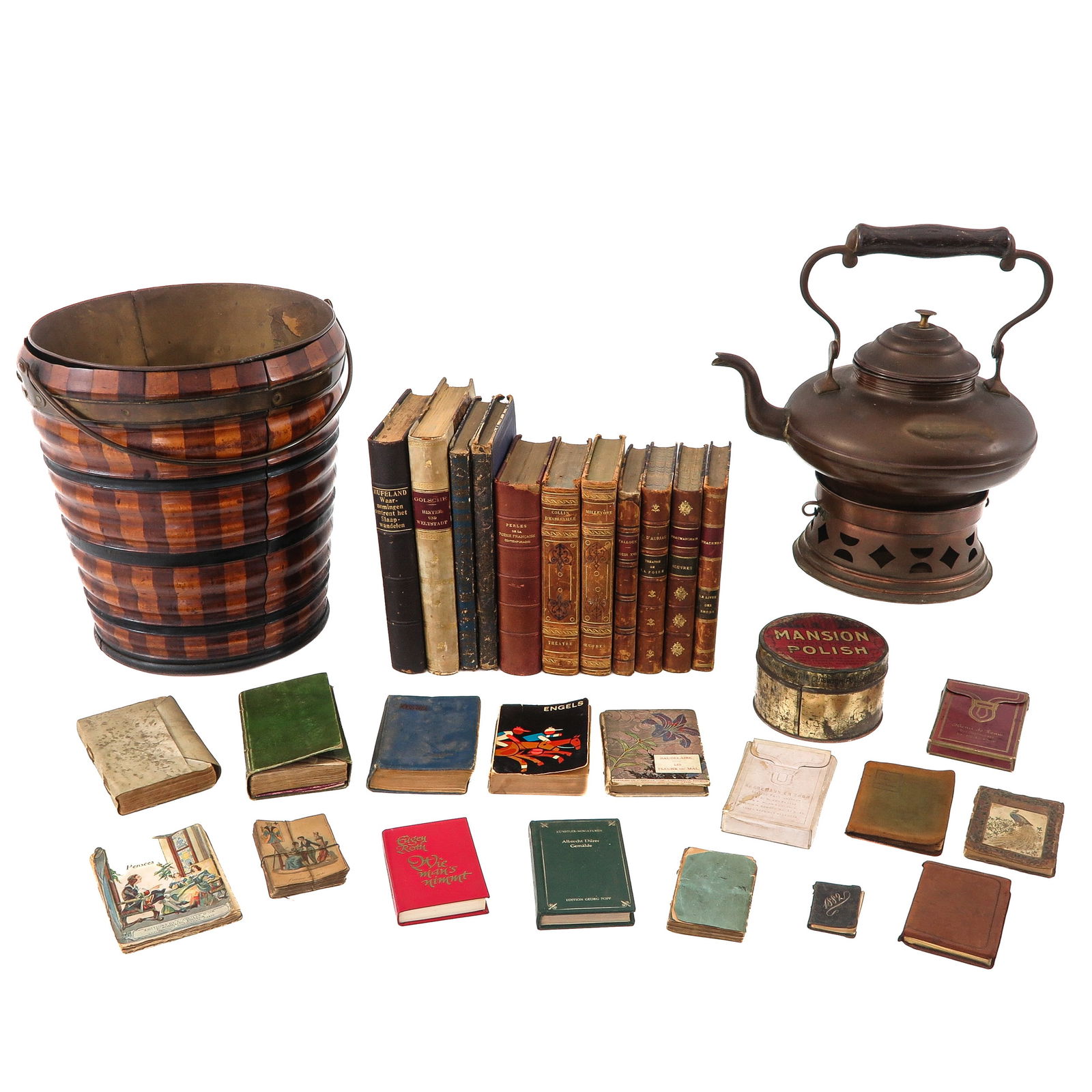 A Diverse Group of Items: Various objects, including a wooden tea bucket, height 30 cm.