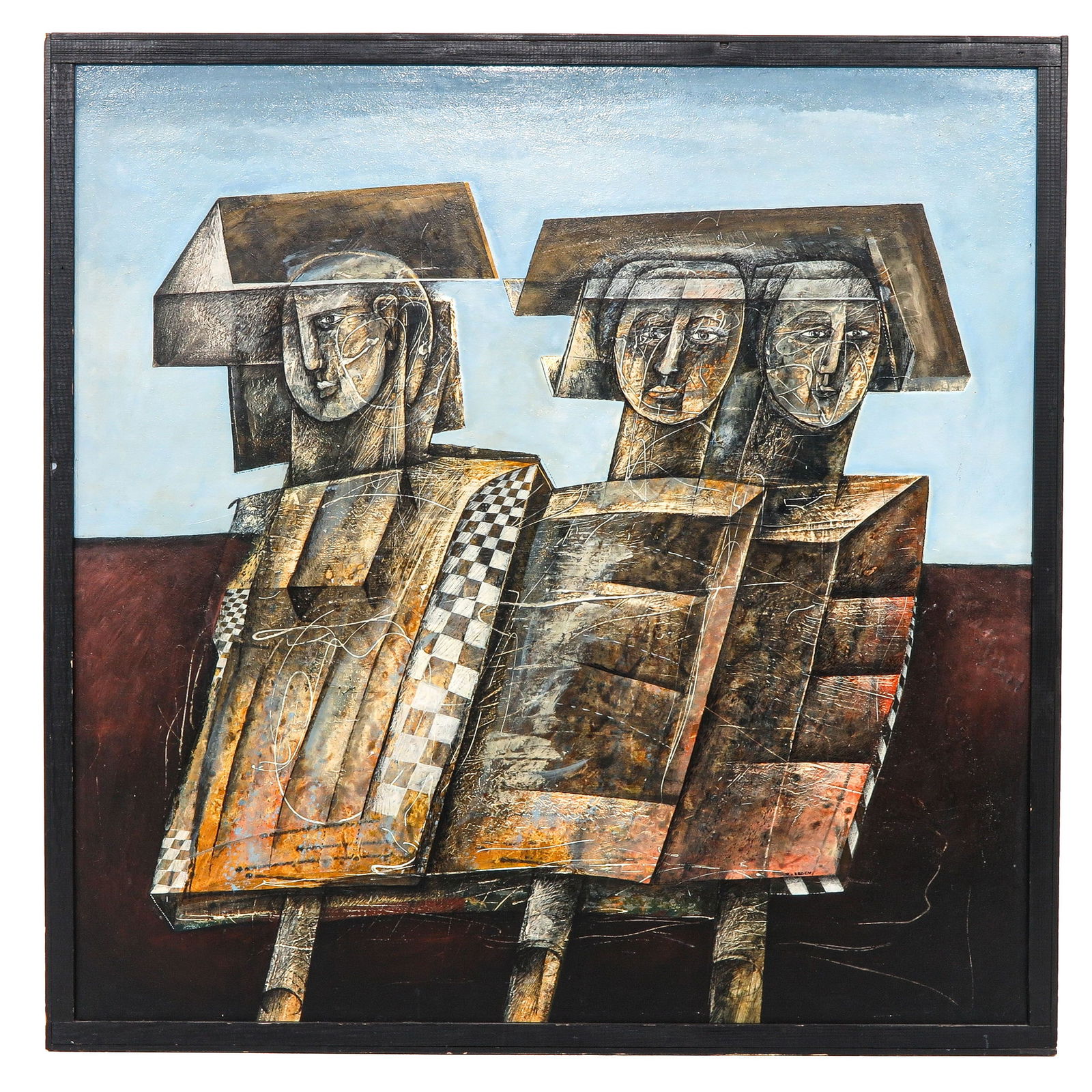 An Oil on Canvas Painting: Oil on canvas, with three figures in an abstract, cubist composition, 115 x 115 cm.