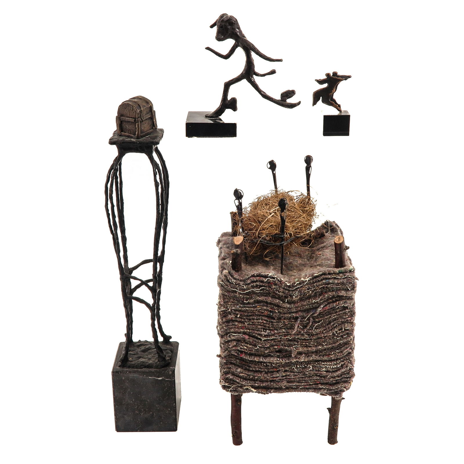 A Diverse Group of Sculptures: Consisting of four different sculptures, including bronze, the largest is 49 cm.