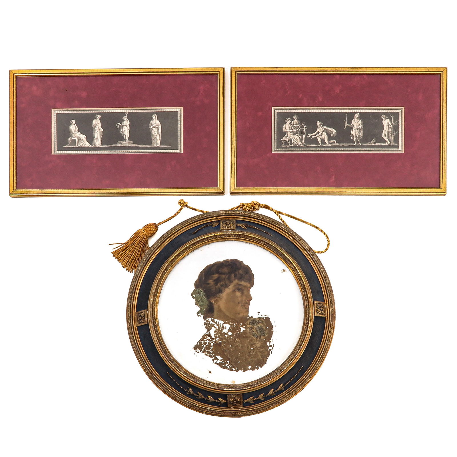 A Lot of 2 Framed Prints: Consisting of two neoclassical prints and a round portrait of a woman, diameter 51 cm.