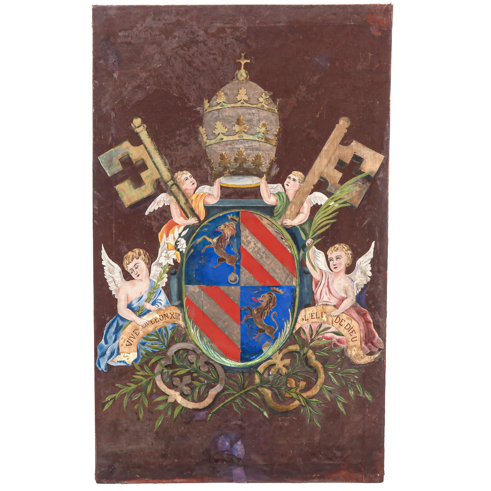 A Large Coat of Arms Painting: With a crowned tiara above a coat of arms, 100 x 164 cm.