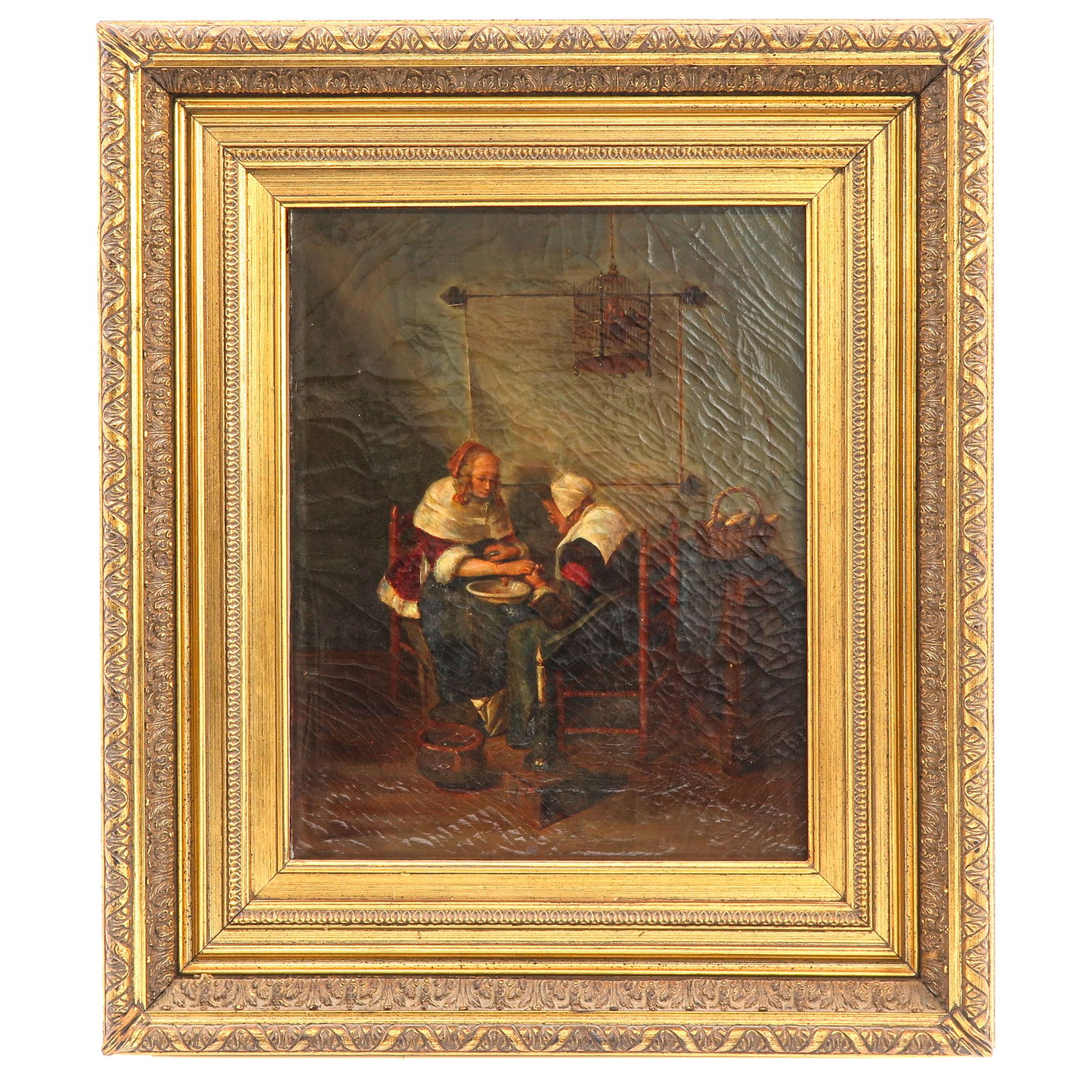 An Oil on Canvas Painting: oil on canvas, interior view with 2 people, 19th century, 38 x 48 cm.
